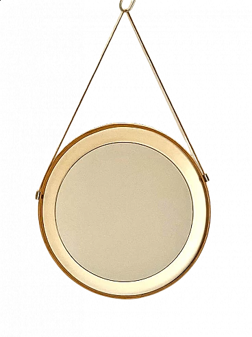 Round mirror with wood and faux leather frame, 1960s