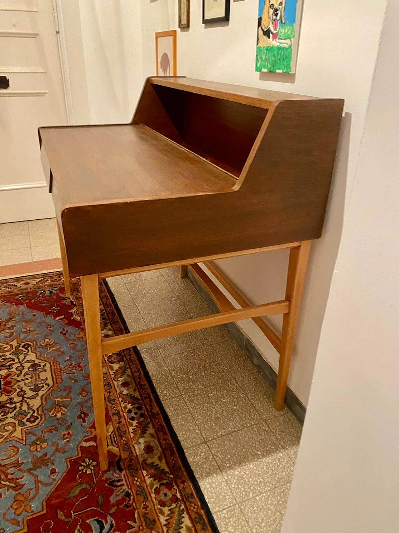Wood writing desk with drawers, 1960s 8