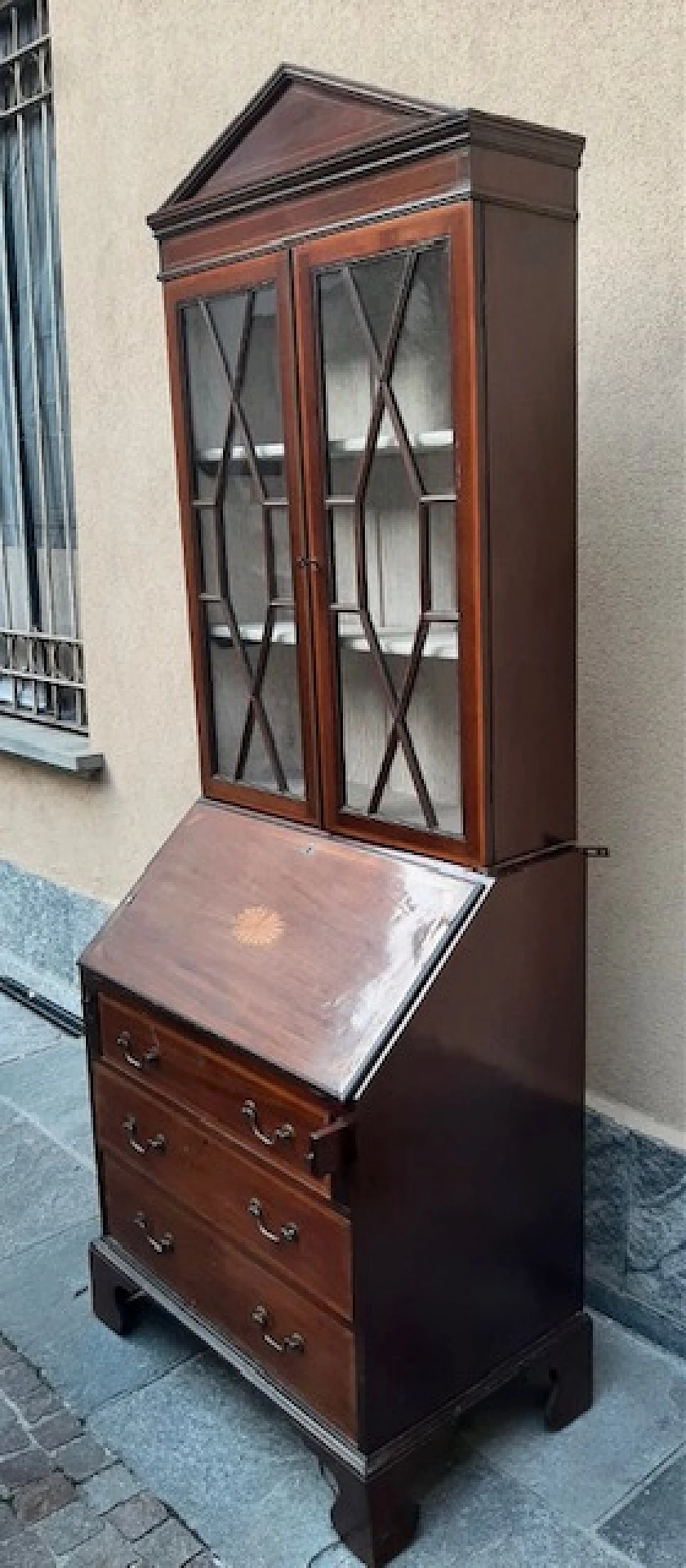 English mahogany flap desk with display case, early 20th century 4