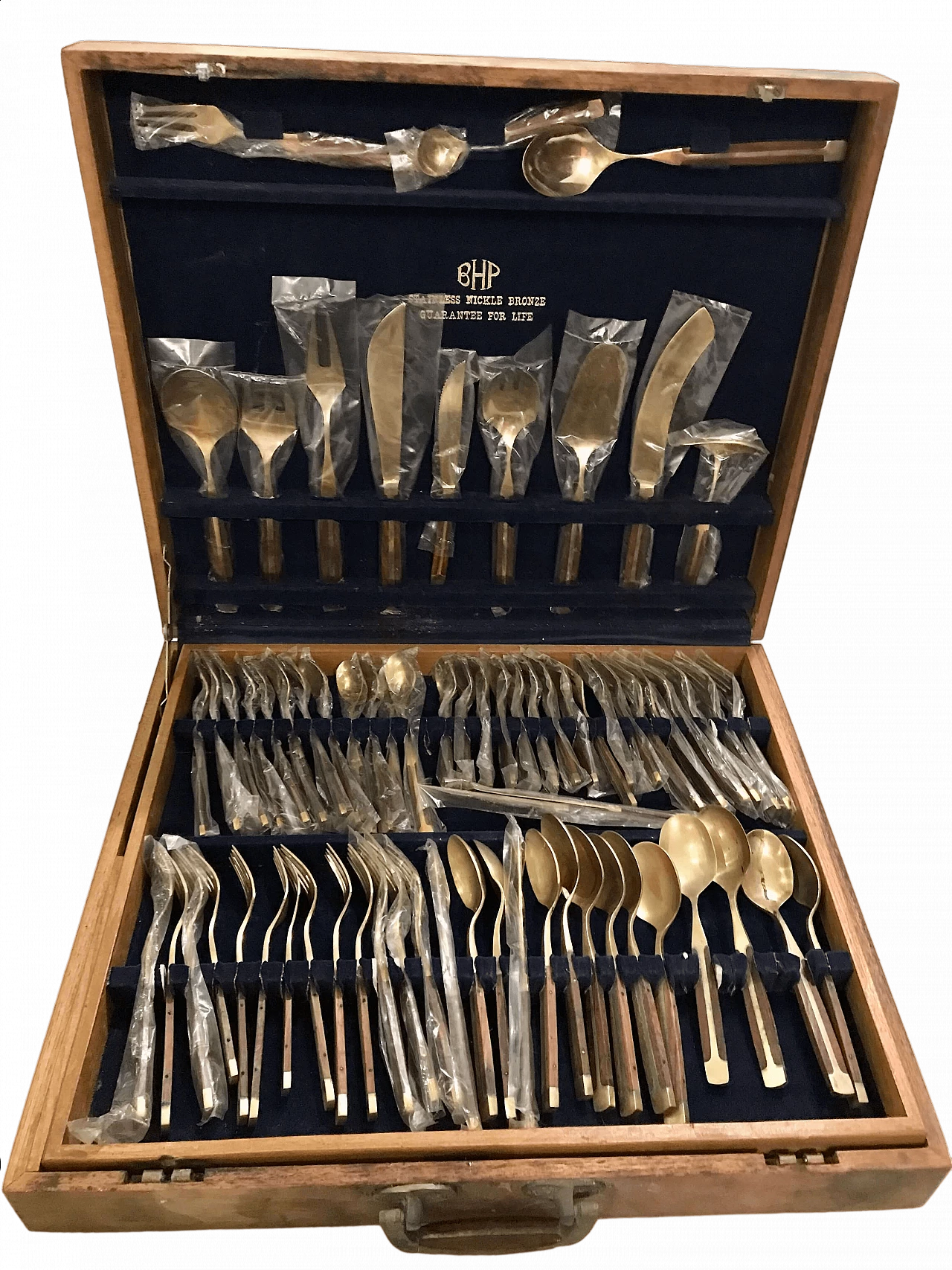 Brass-plated steel and teak cutlery set in wooden case, 1950s 23