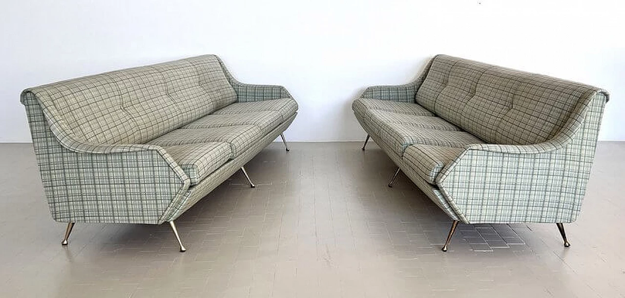 Four-seater fabric sofa with brass legs, 1950s 1