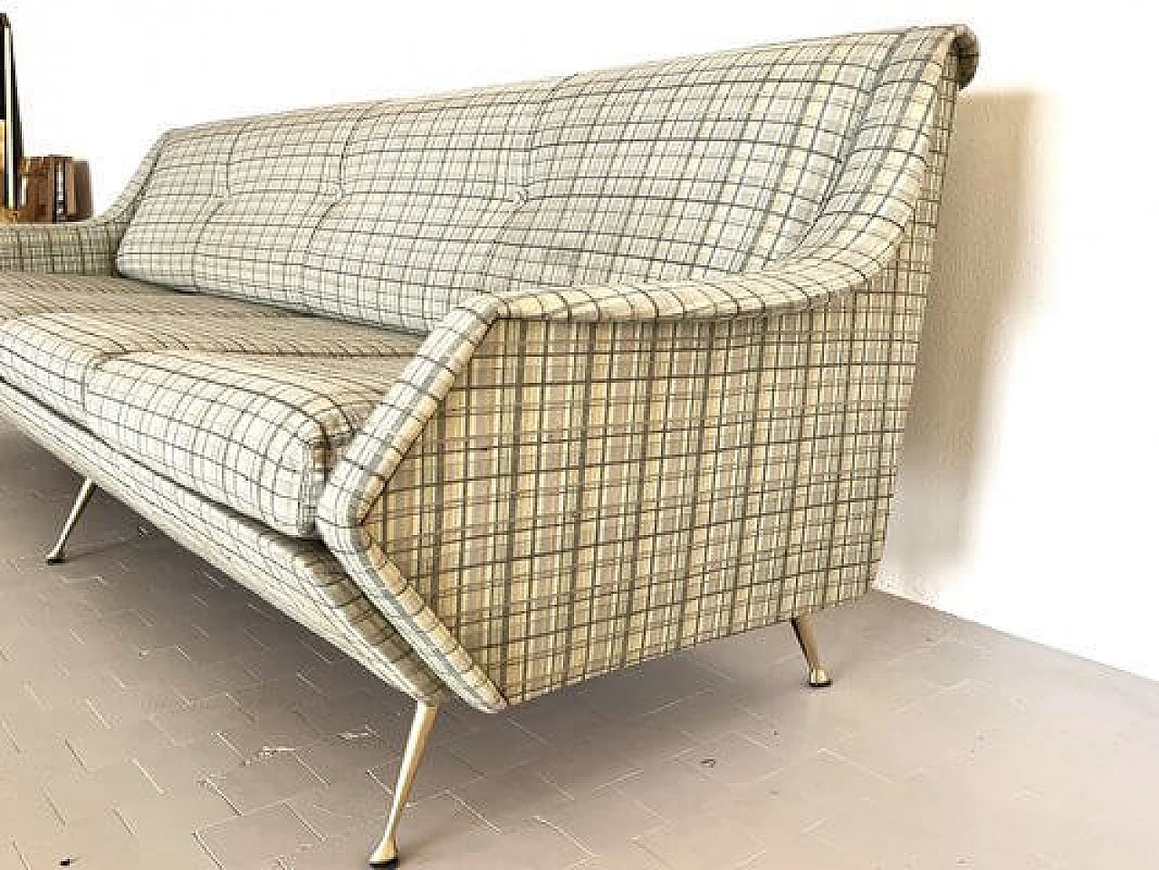 Four-seater fabric sofa with brass legs, 1950s 6