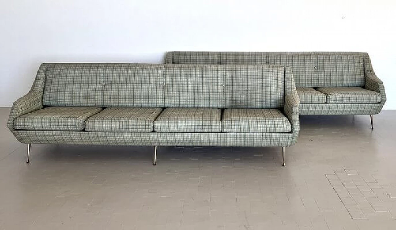 Four-seater fabric sofa with brass legs, 1950s 10