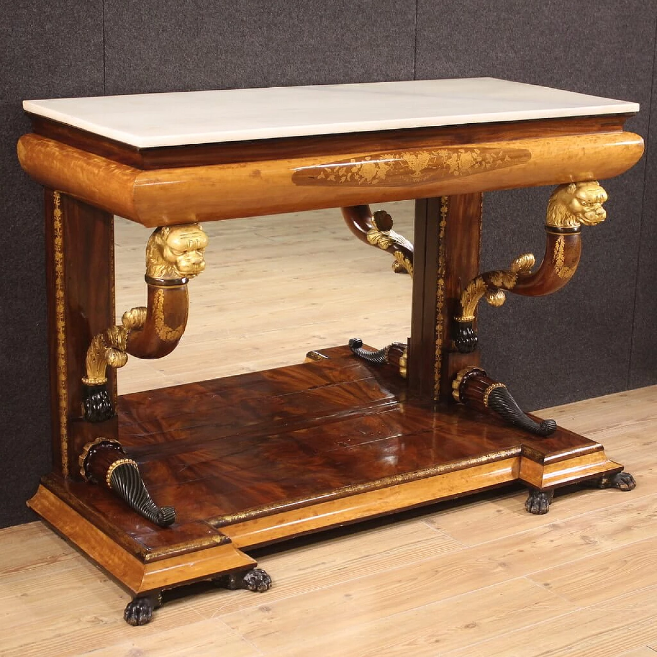 Inlaid wooden console table with marble top, 19th century 1