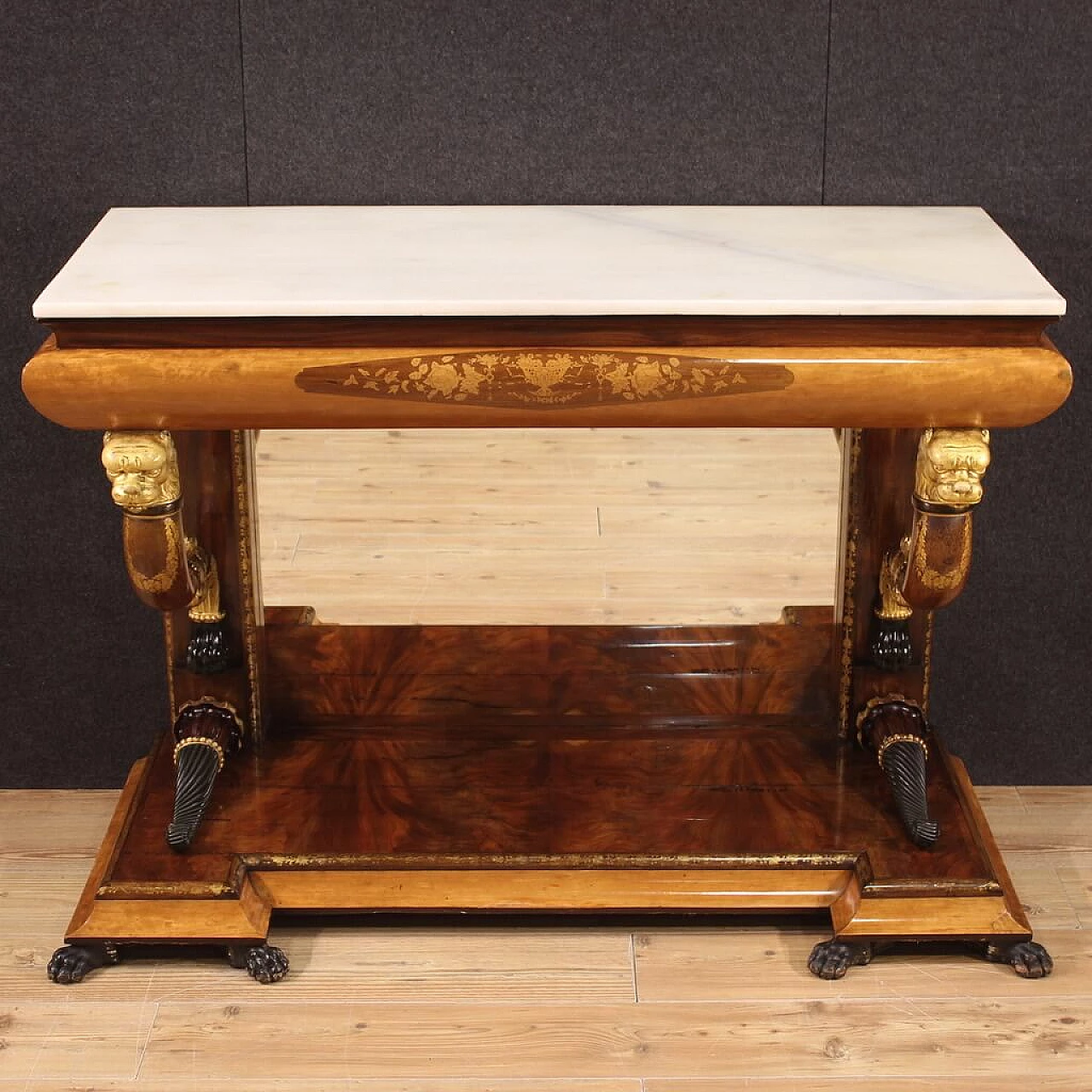 Inlaid wooden console table with marble top, 19th century 2