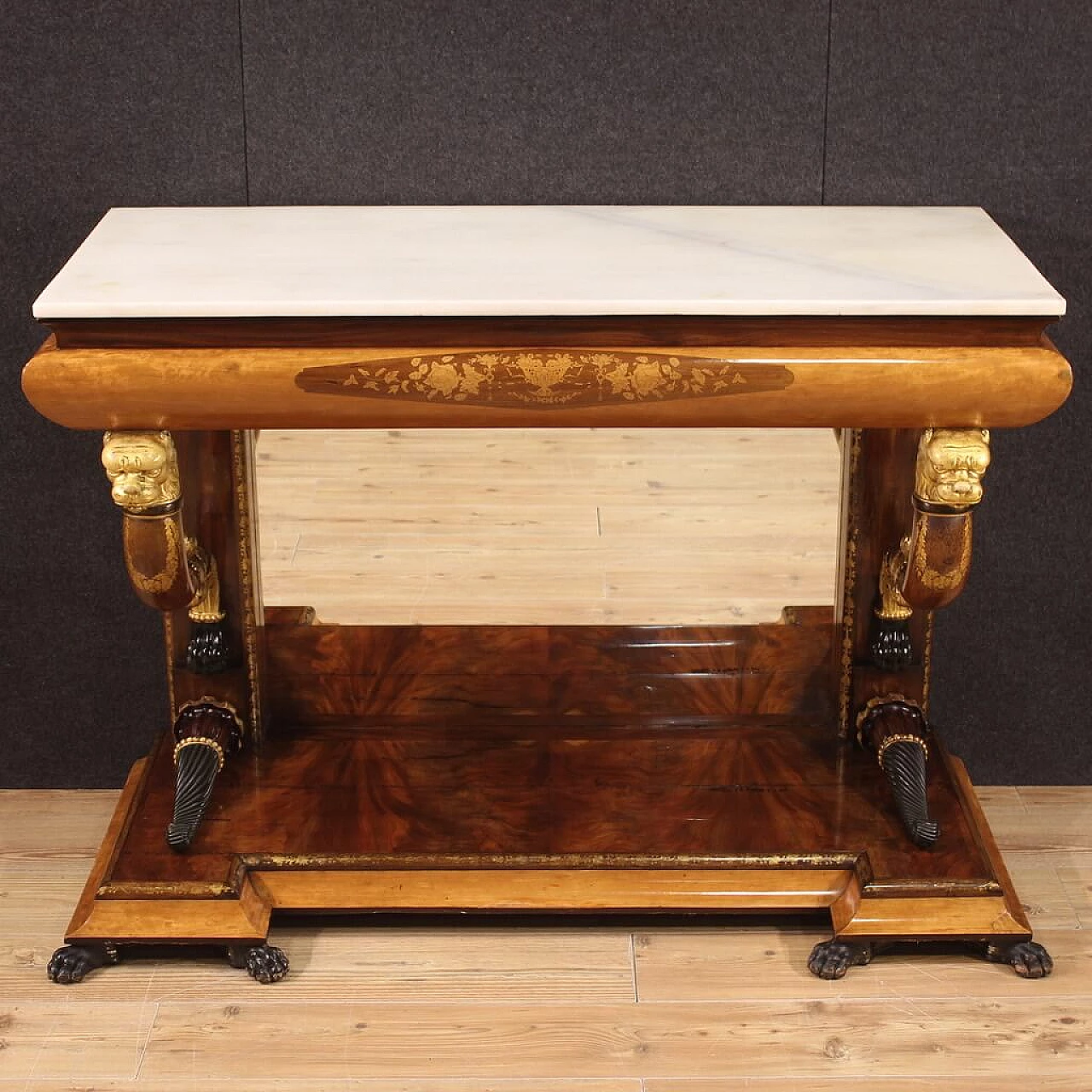 Consolle in legno intarsiata con piano in marmo, '800 2