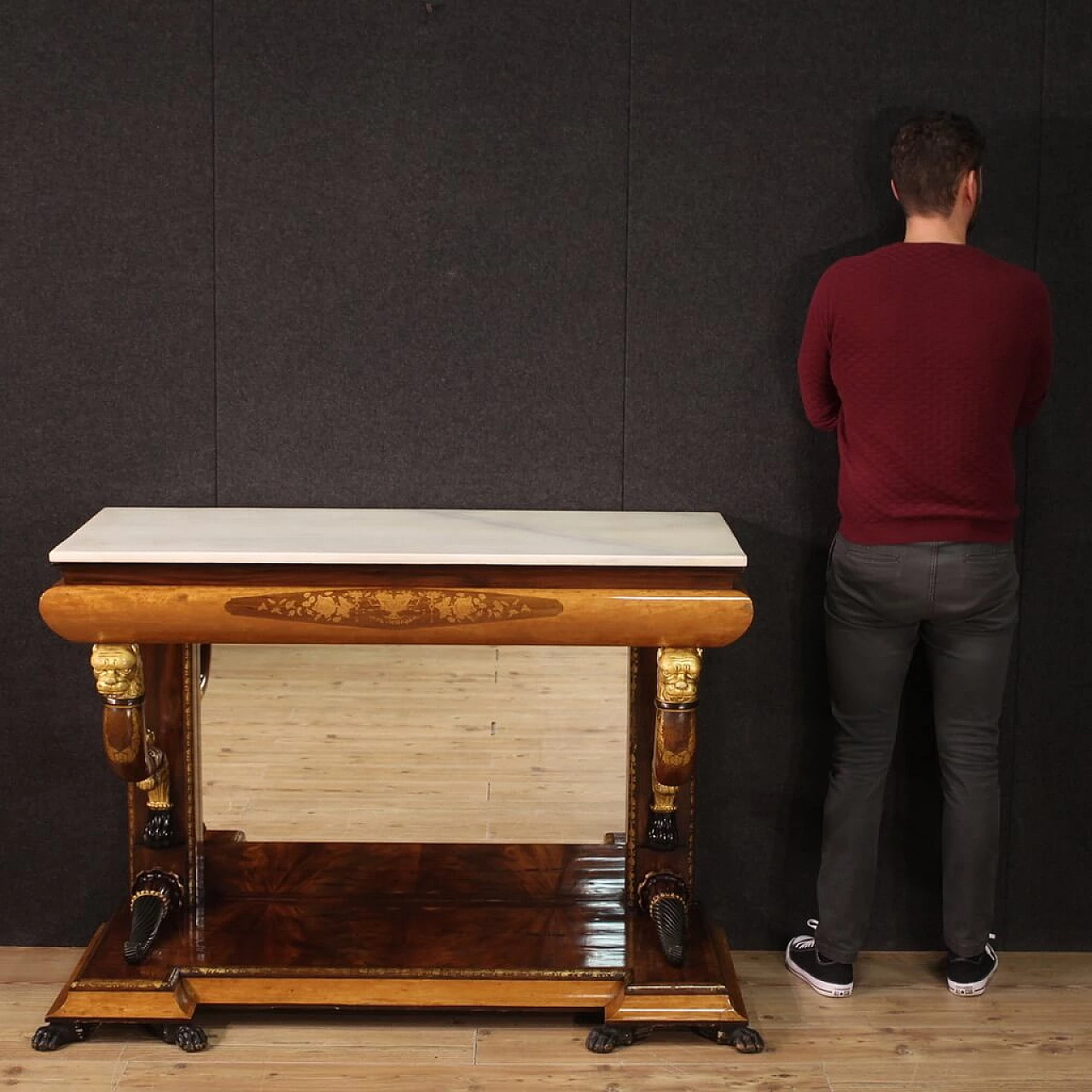 Inlaid wooden console table with marble top, 19th century 3