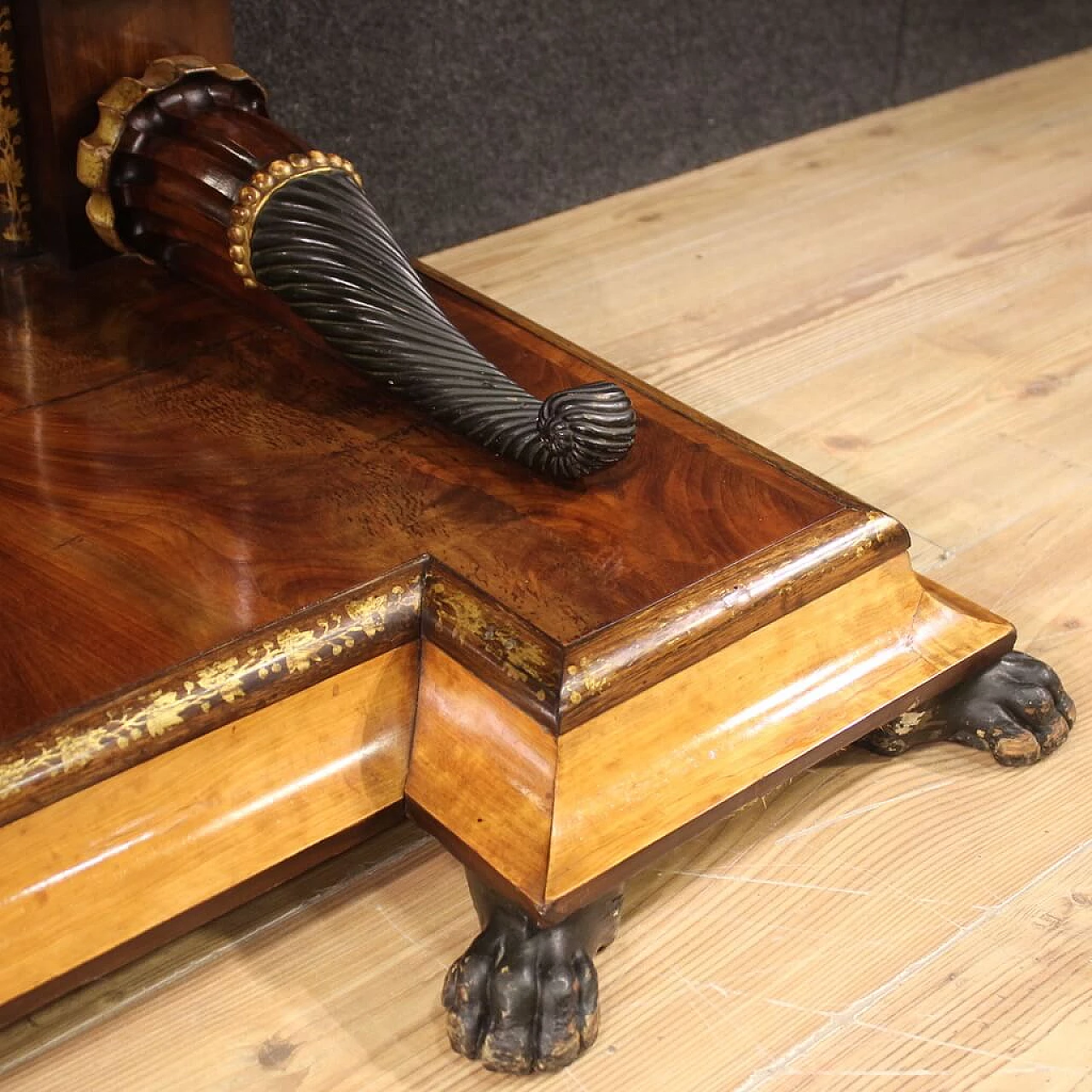 Inlaid wooden console table with marble top, 19th century 4