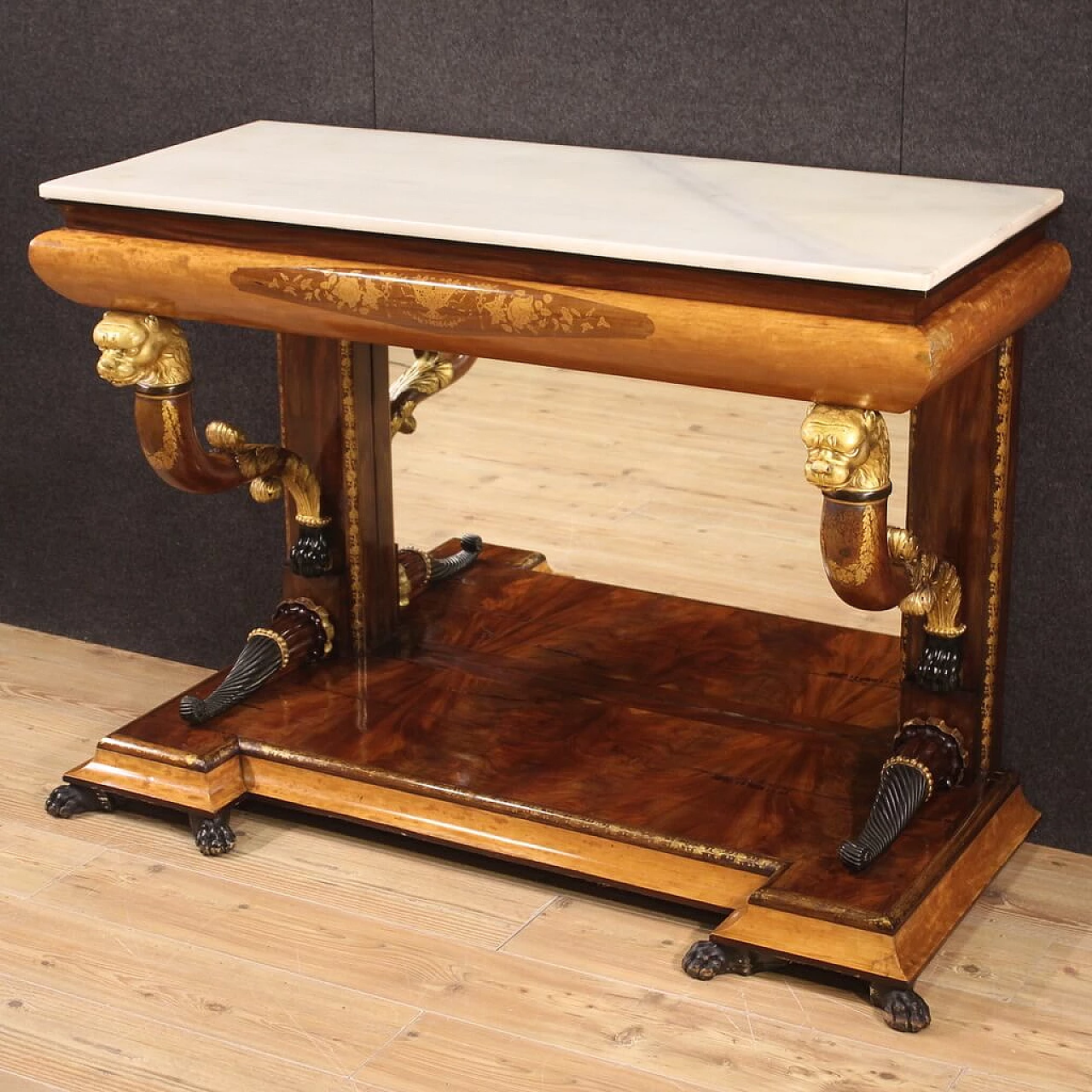 Inlaid wooden console table with marble top, 19th century 7