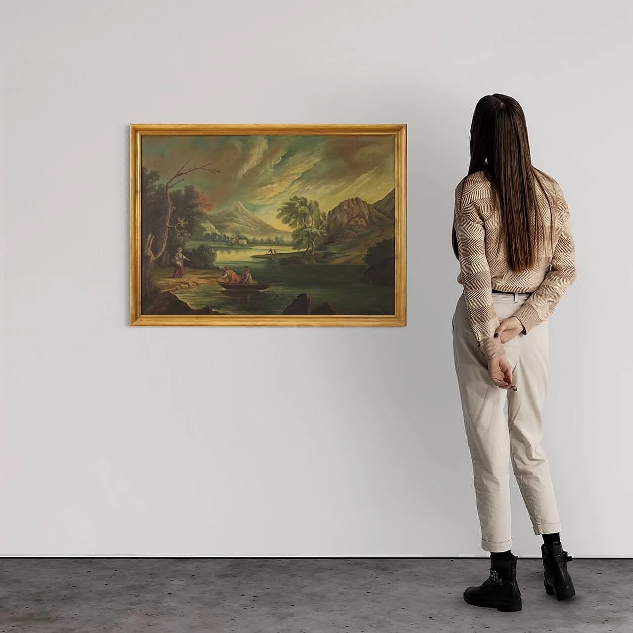 Veduta di fiume con personaggi, olio su tela, anni '60 1