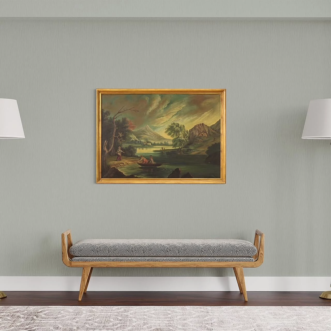 Veduta di fiume con personaggi, olio su tela, anni '60 2