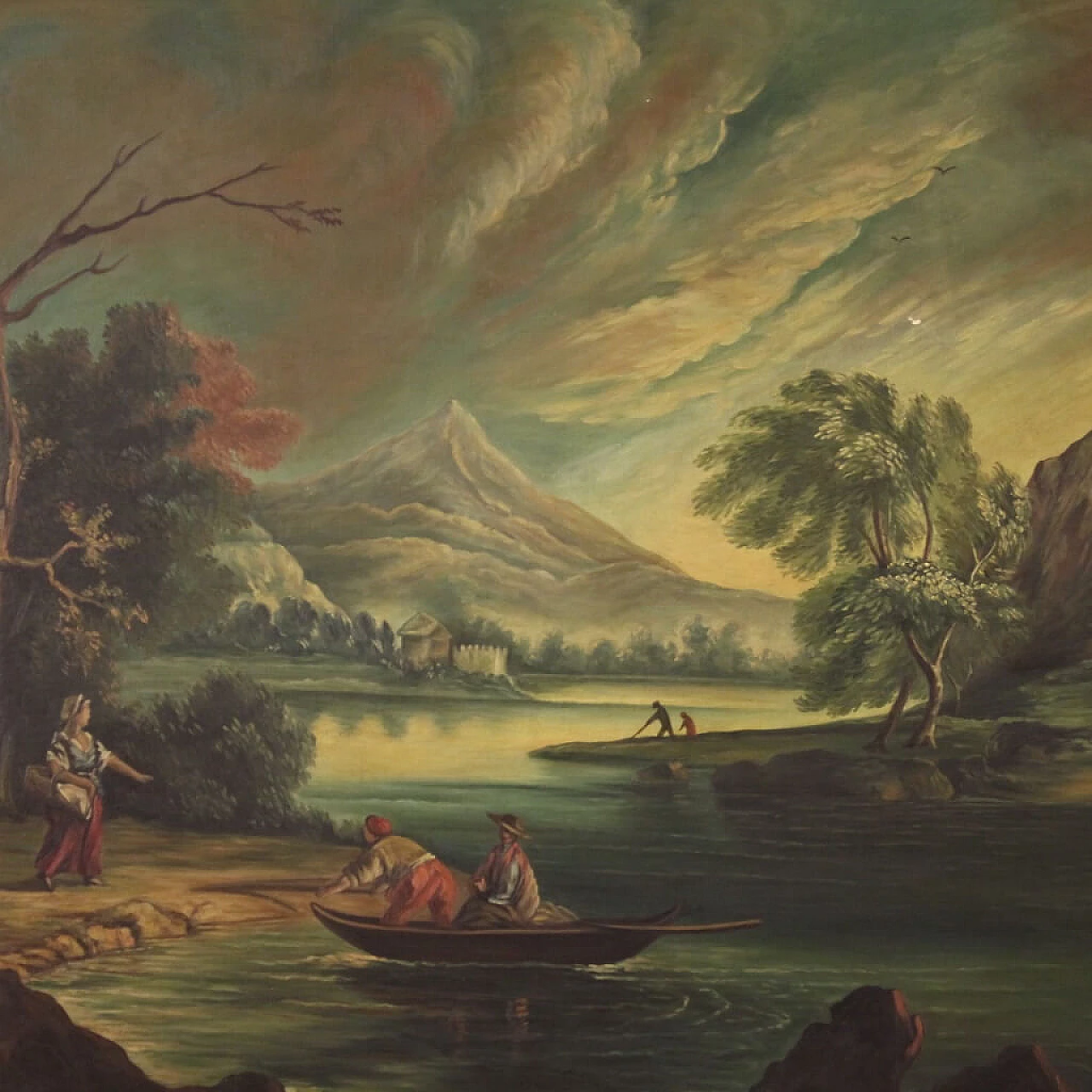 Veduta di fiume con personaggi, olio su tela, anni '60 5