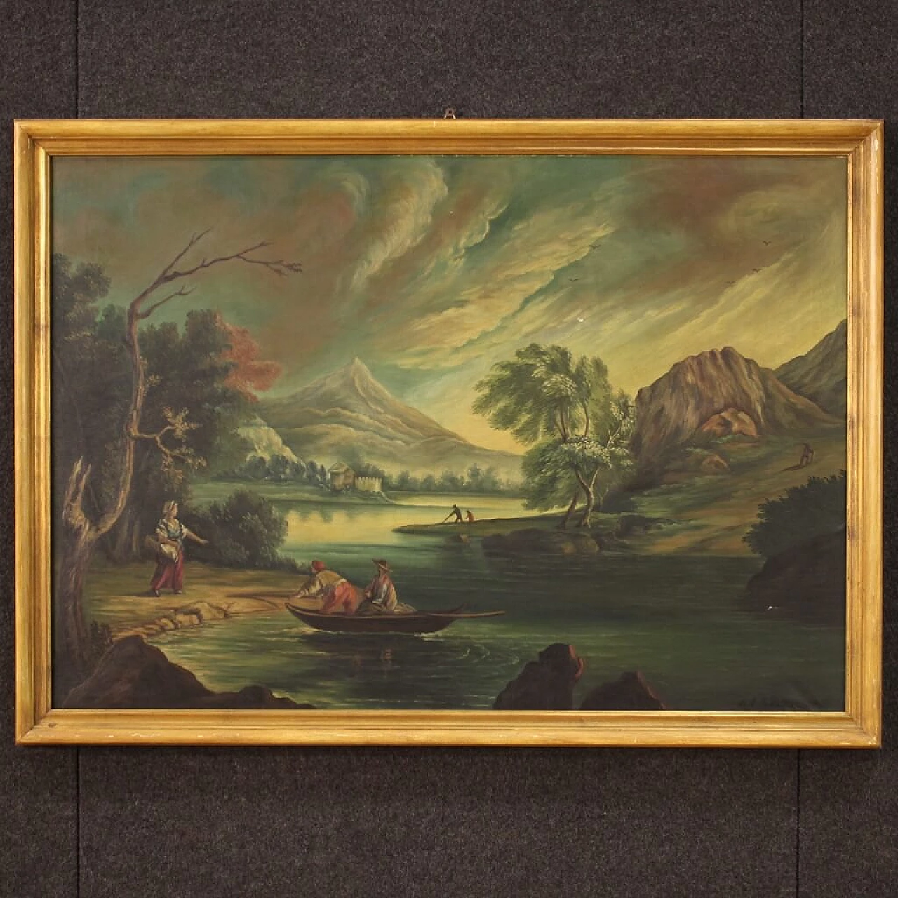 Veduta di fiume con personaggi, olio su tela, anni '60 6