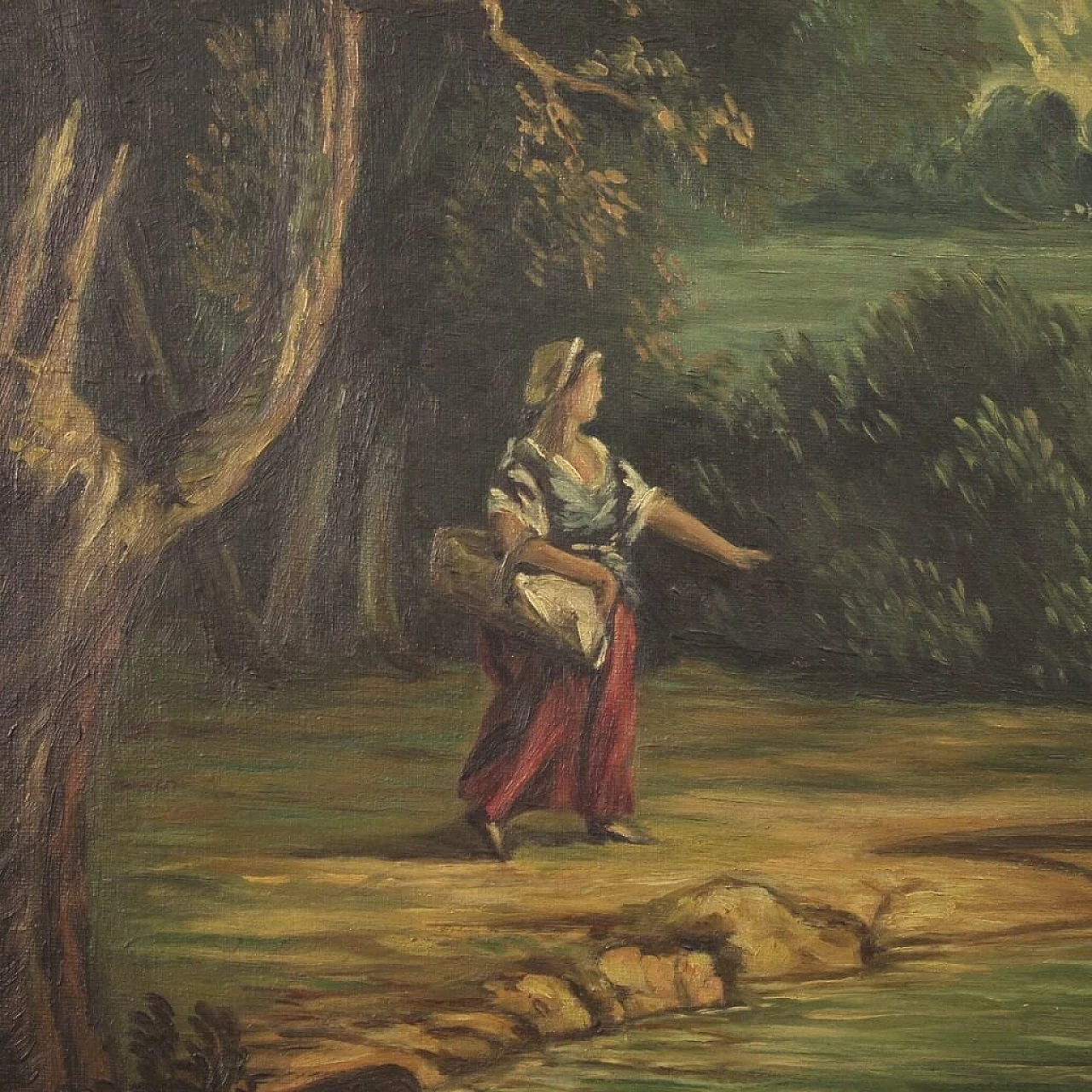 Veduta di fiume con personaggi, olio su tela, anni '60 14