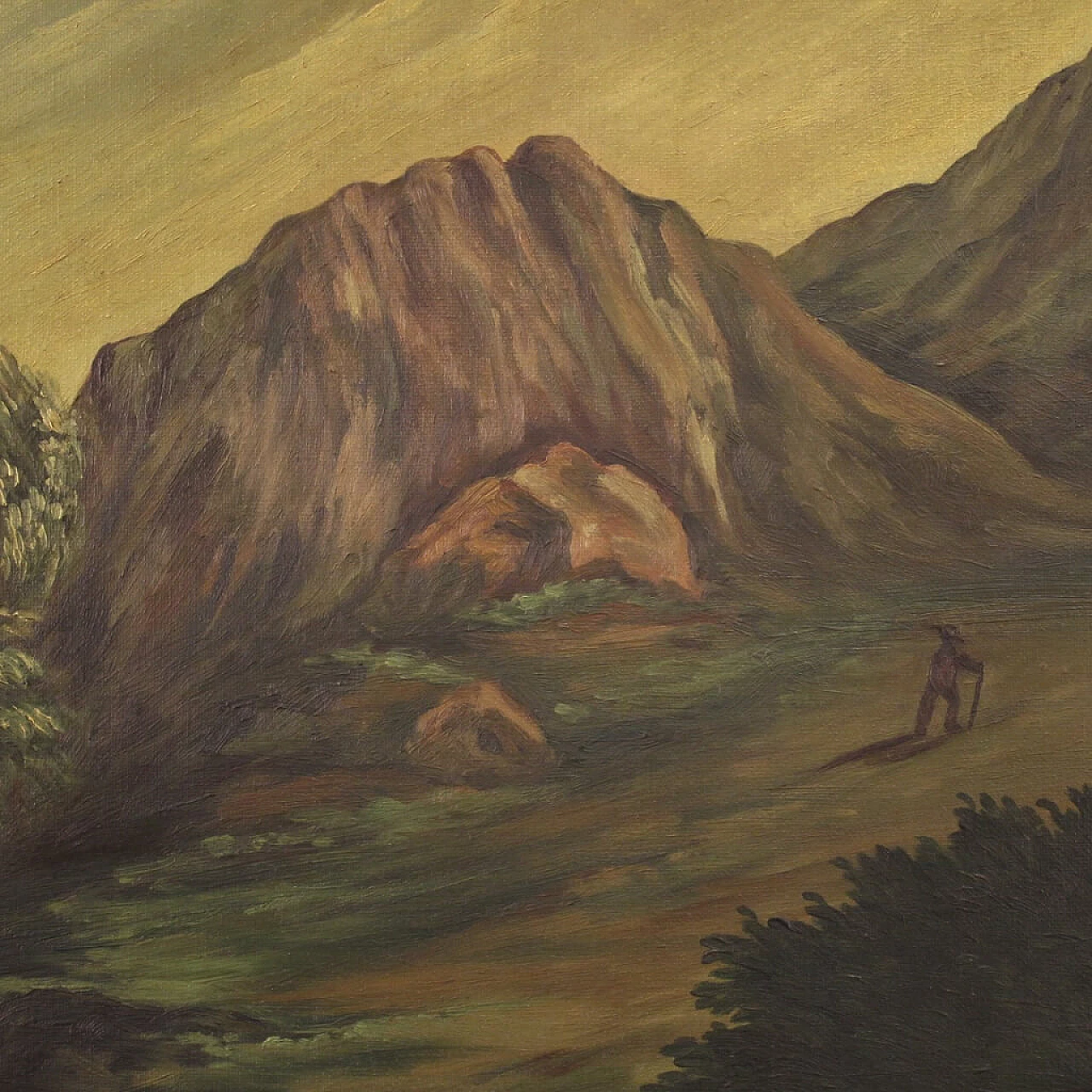 Veduta di fiume con personaggi, olio su tela, anni '60 15