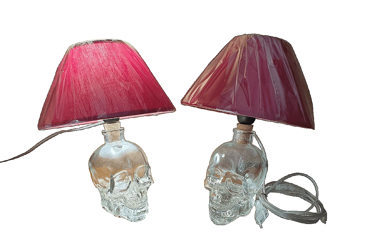 Pair of skull table lamps with Crystal Head Vodka bottle, 2000s 4