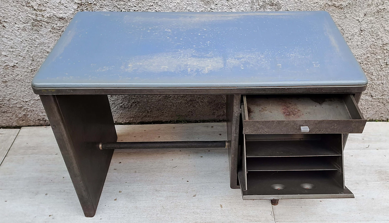 Metal desk with light blue faux leather top, 1950s 6