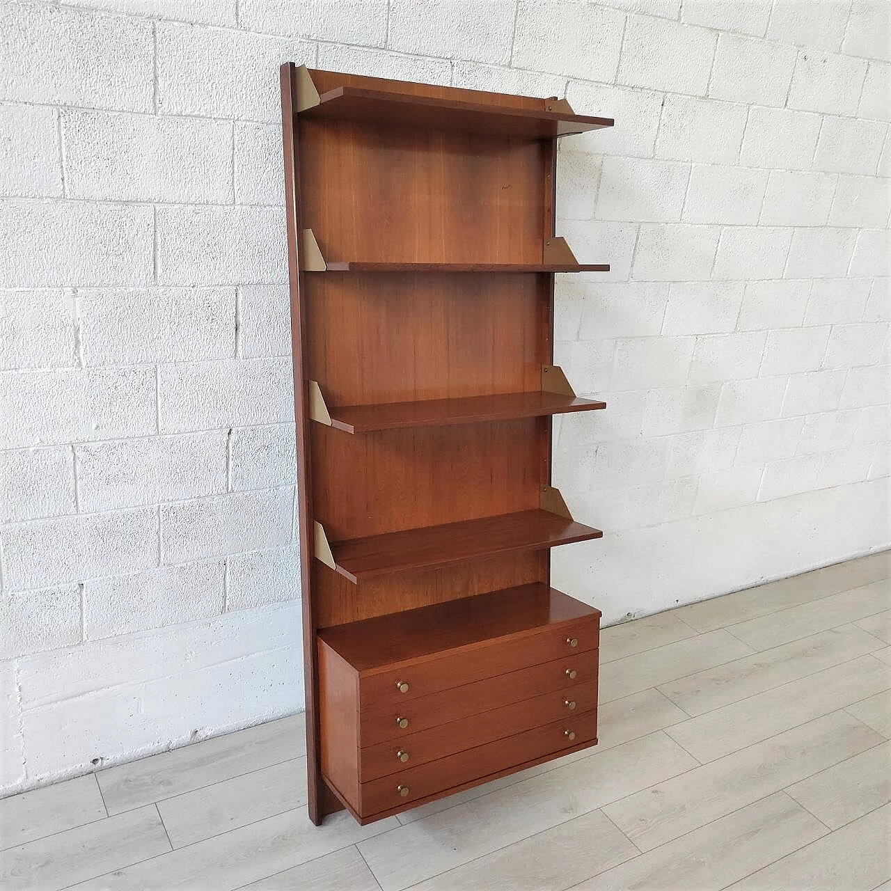 Teak wall bookcase with drawers, 1960s 3