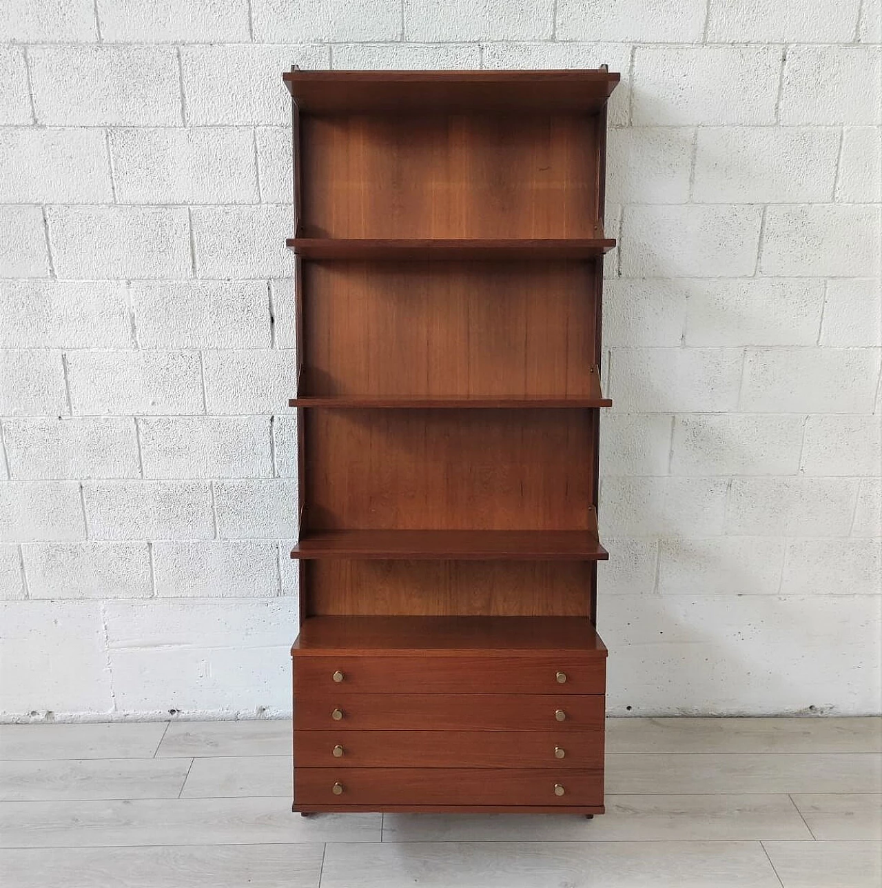 Teak wall bookcase with drawers, 1960s 4