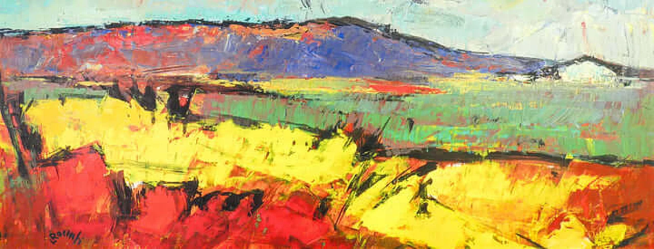 Luigi Roccati, paesaggio, dipinto a olio su tavola, anni '60 2