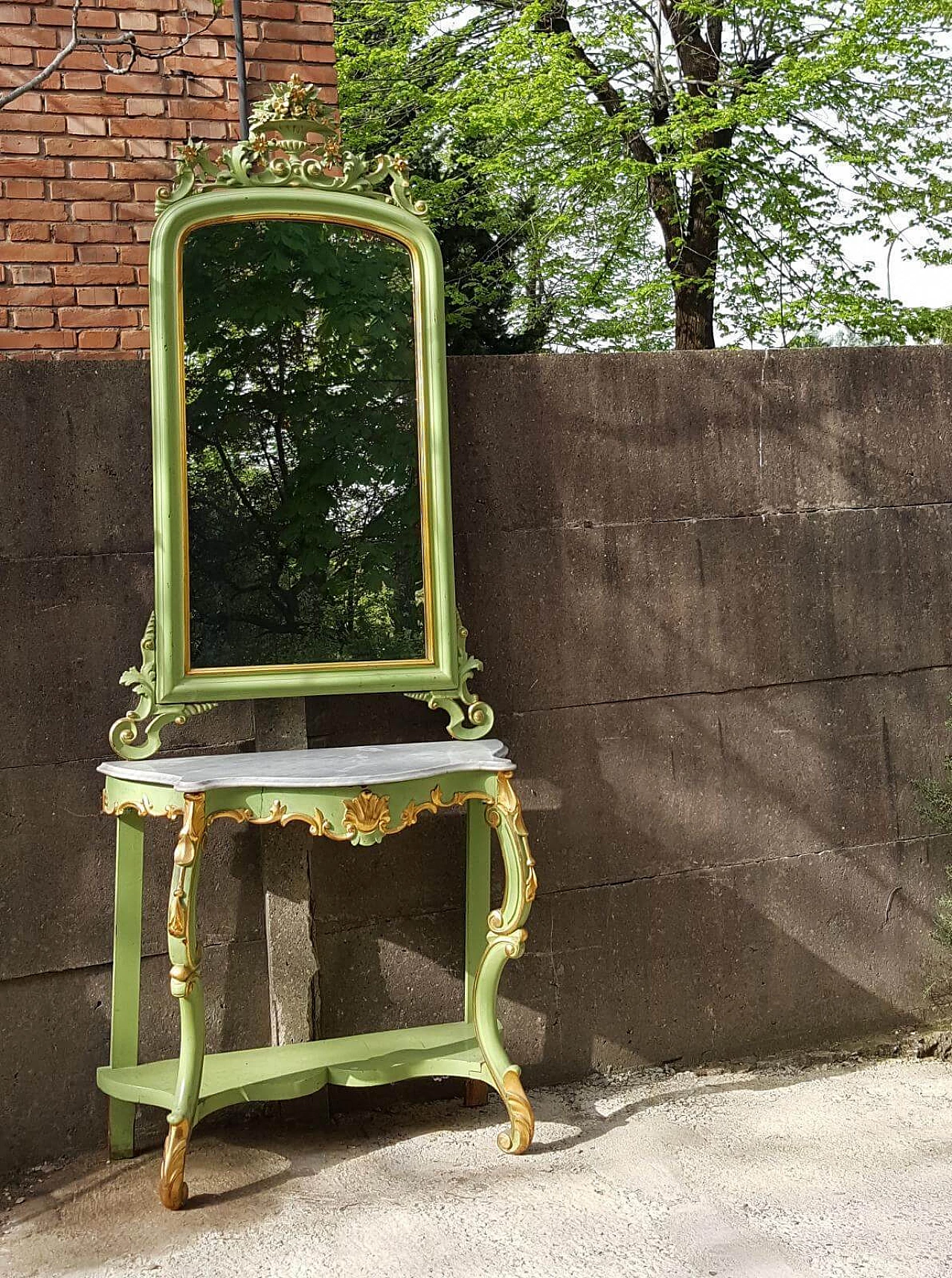 Consolle e specchio Luigi Filippo in legno laccato verde e dorato, '800 1