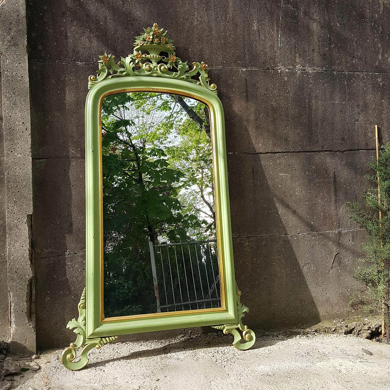 Consolle e specchio Luigi Filippo in legno laccato verde e dorato, '800 3