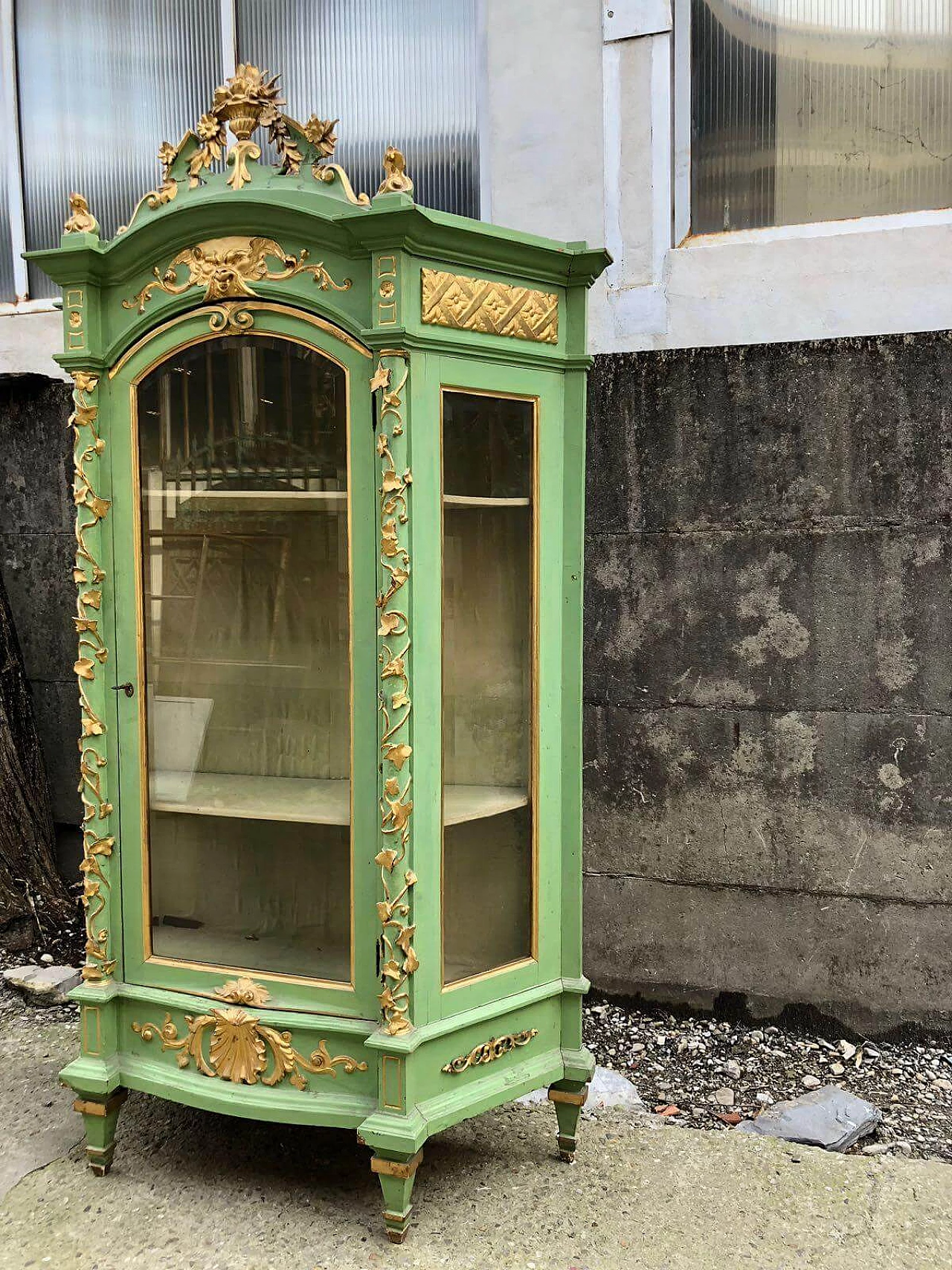 Green lacquered and gilded wood glass cabinet, second half of the 19th century 1