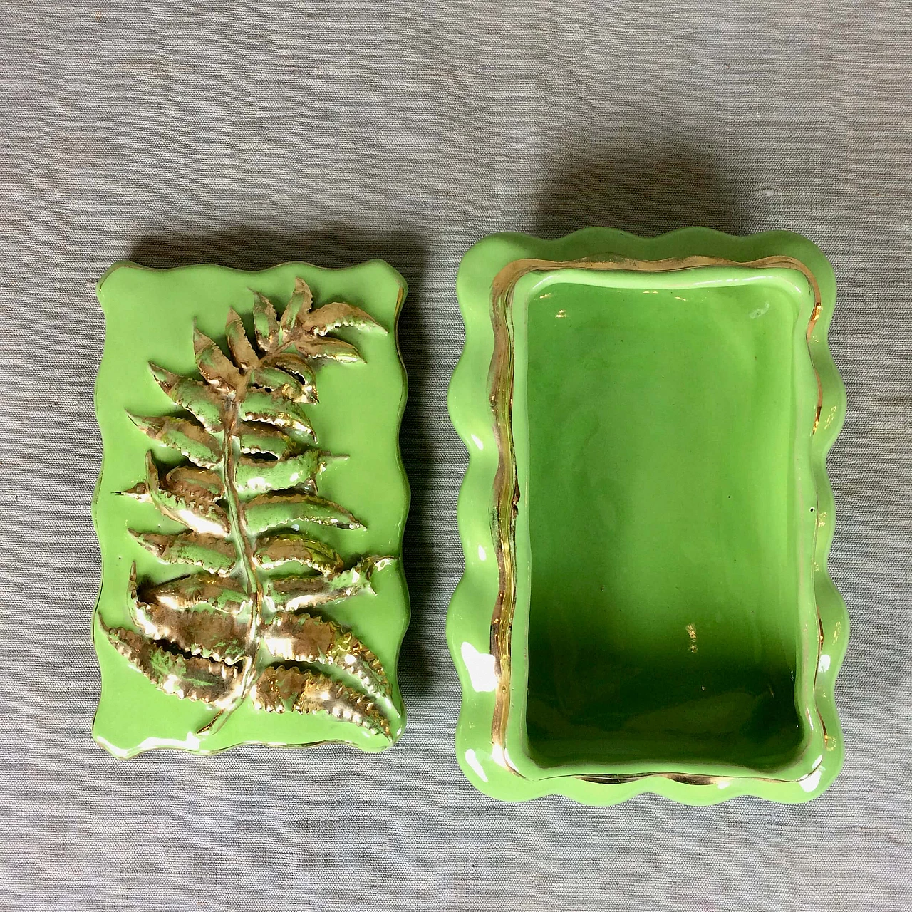 Green and gilded majolica jewelry box, 1950s 3