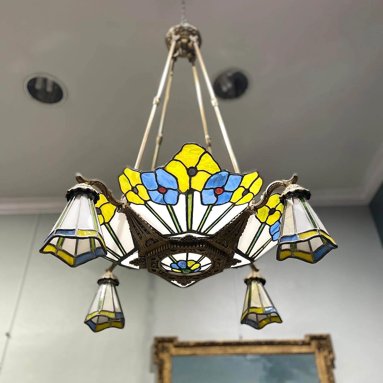 Four-light Art Nouveau bronze chandelier with glass paste, 1910s 1