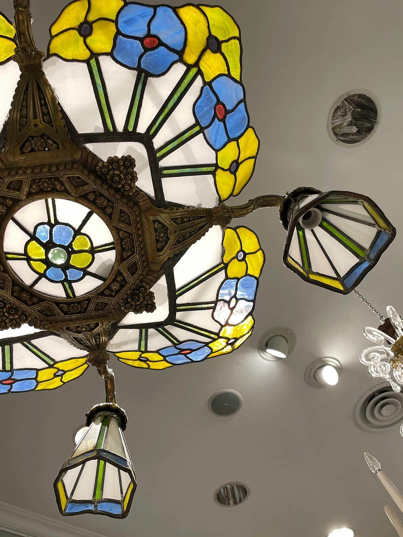 Four-light Art Nouveau bronze chandelier with glass paste, 1910s 3