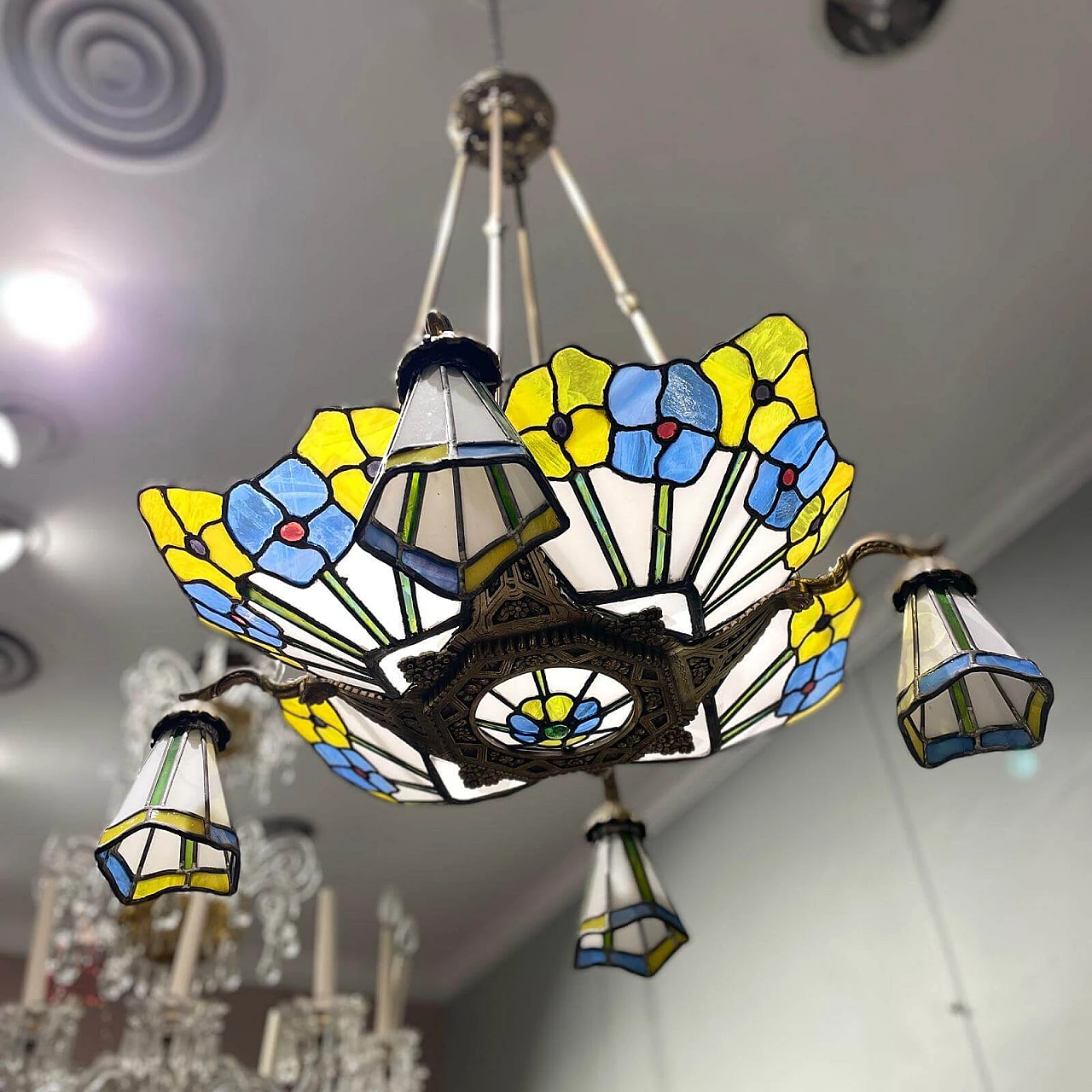 Four-light Art Nouveau bronze chandelier with glass paste, 1910s 4