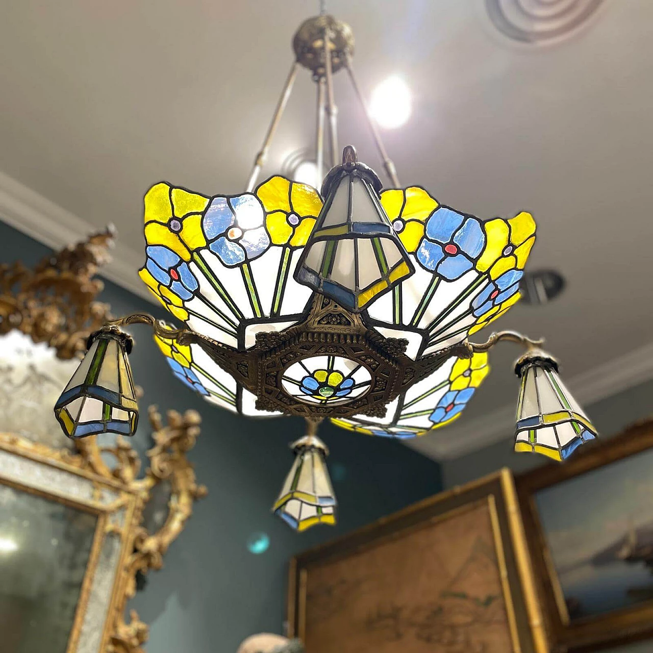 Four-light Art Nouveau bronze chandelier with glass paste, 1910s 5