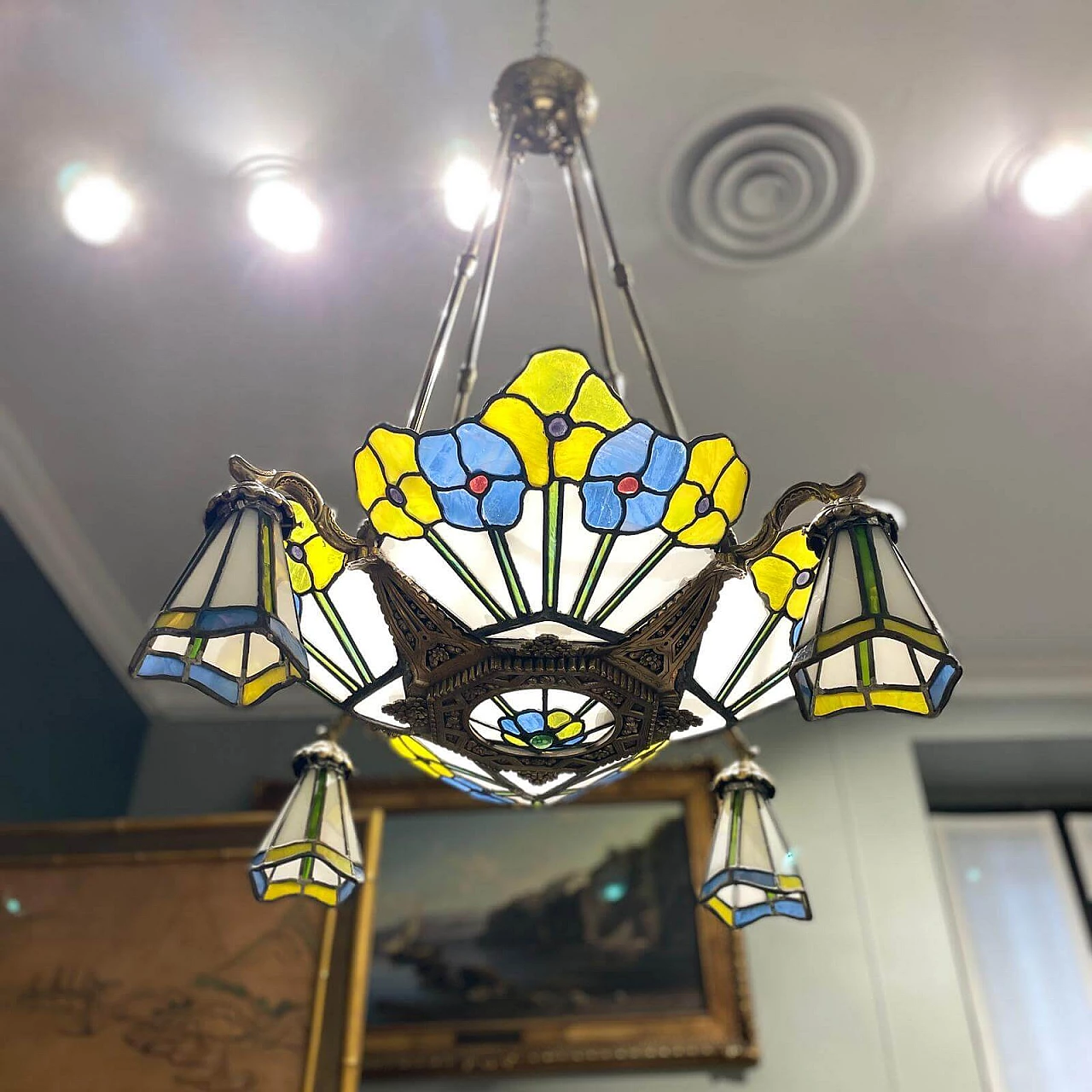 Four-light Art Nouveau bronze chandelier with glass paste, 1910s 6