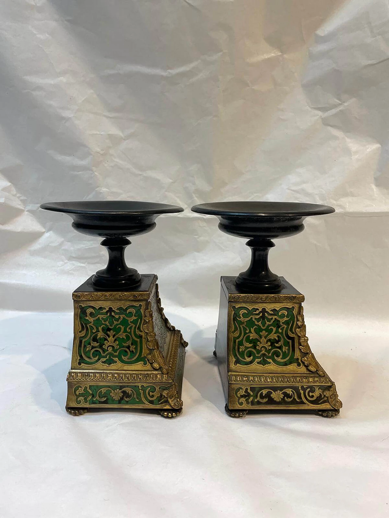 Pair of ebonized wood risers with boulle decoration, 1860 1