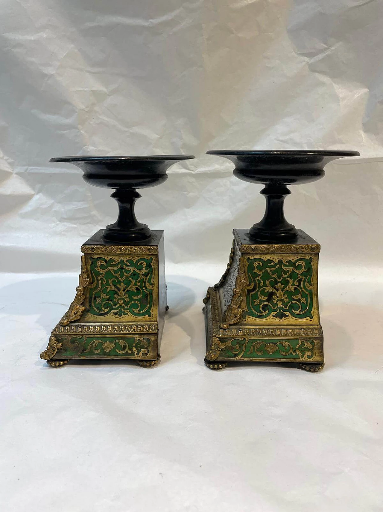 Pair of ebonized wood risers with boulle decoration, 1860 4