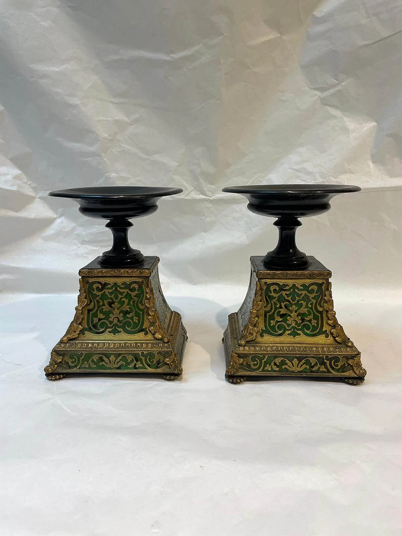 Pair of ebonized wood risers with boulle decoration, 1860 5