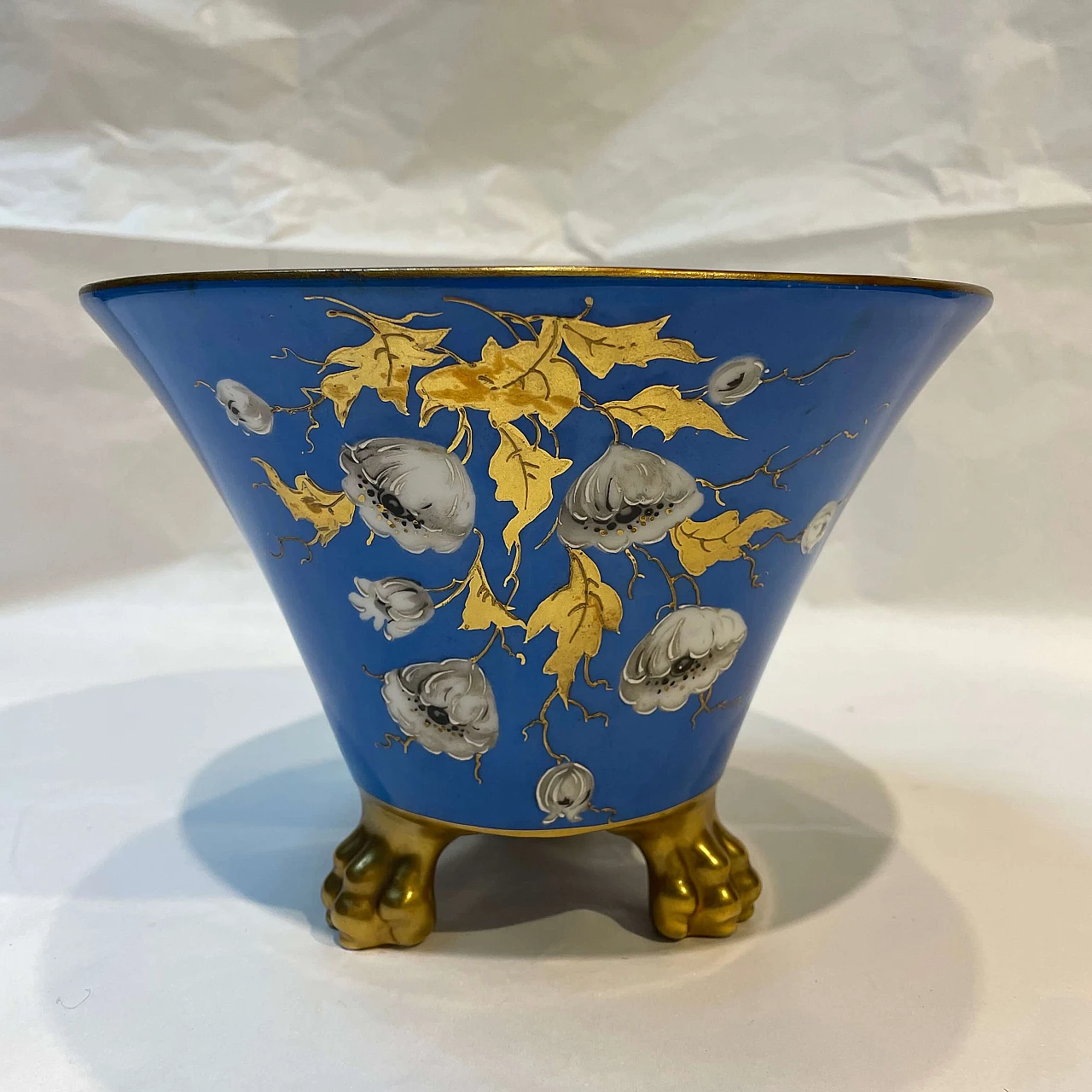 Blue ceramic vase with white flowers and golden leaves decorations, 1940s 1