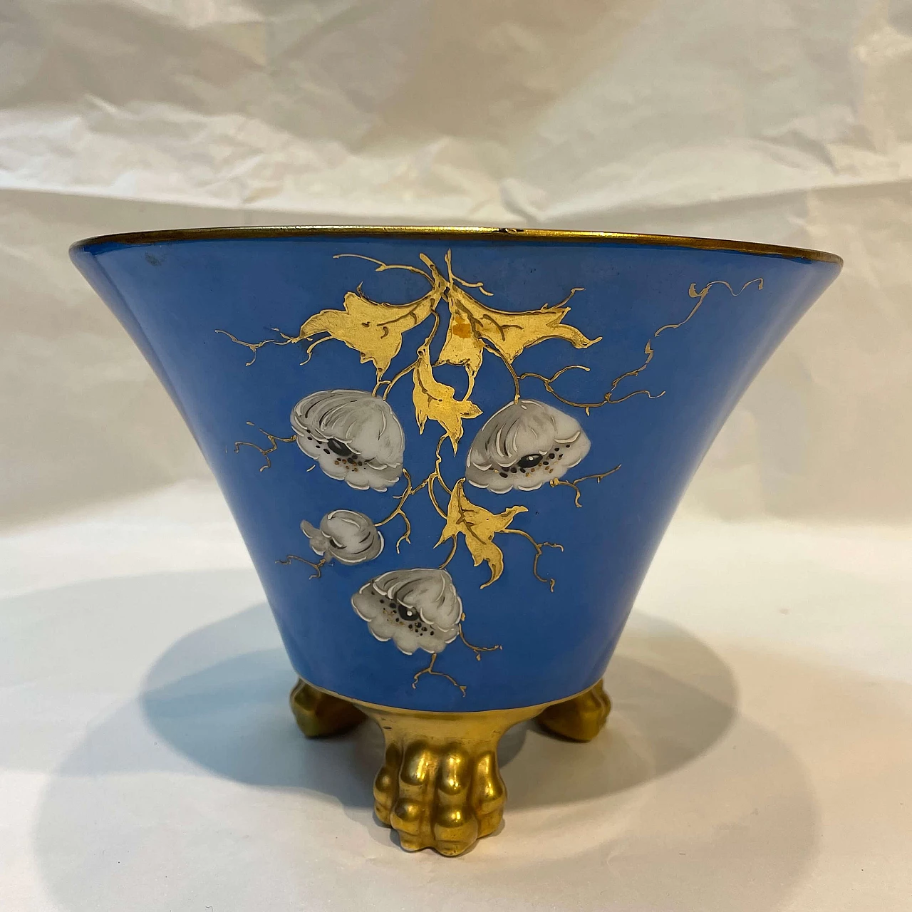 Blue ceramic vase with white flowers and golden leaves decorations, 1940s 3