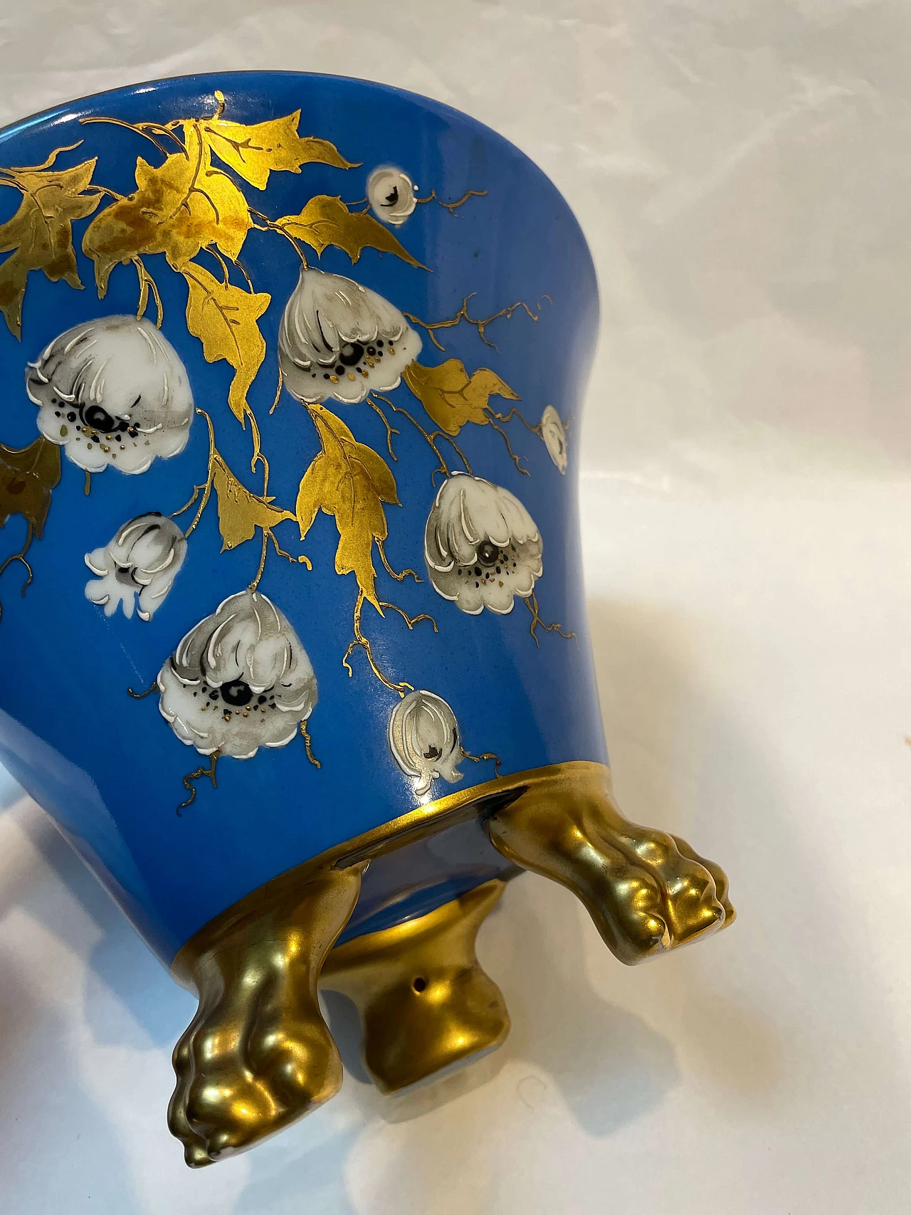Blue ceramic vase with white flowers and golden leaves decorations, 1940s 7