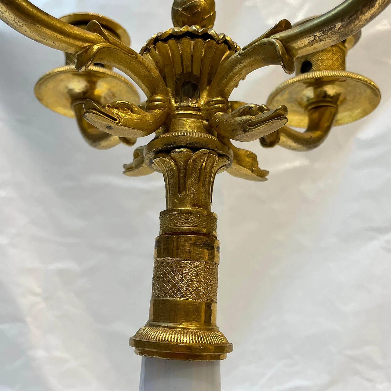 Gilded and chiseled bronze candelabra with white glass detail, 1860 1