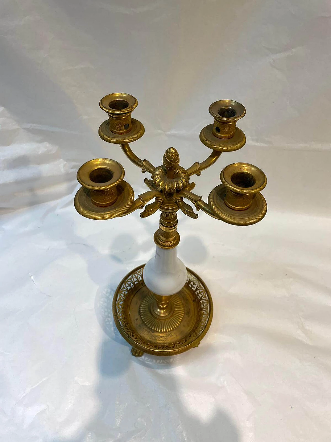 Gilded and chiseled bronze candelabra with white glass detail, 1860 2