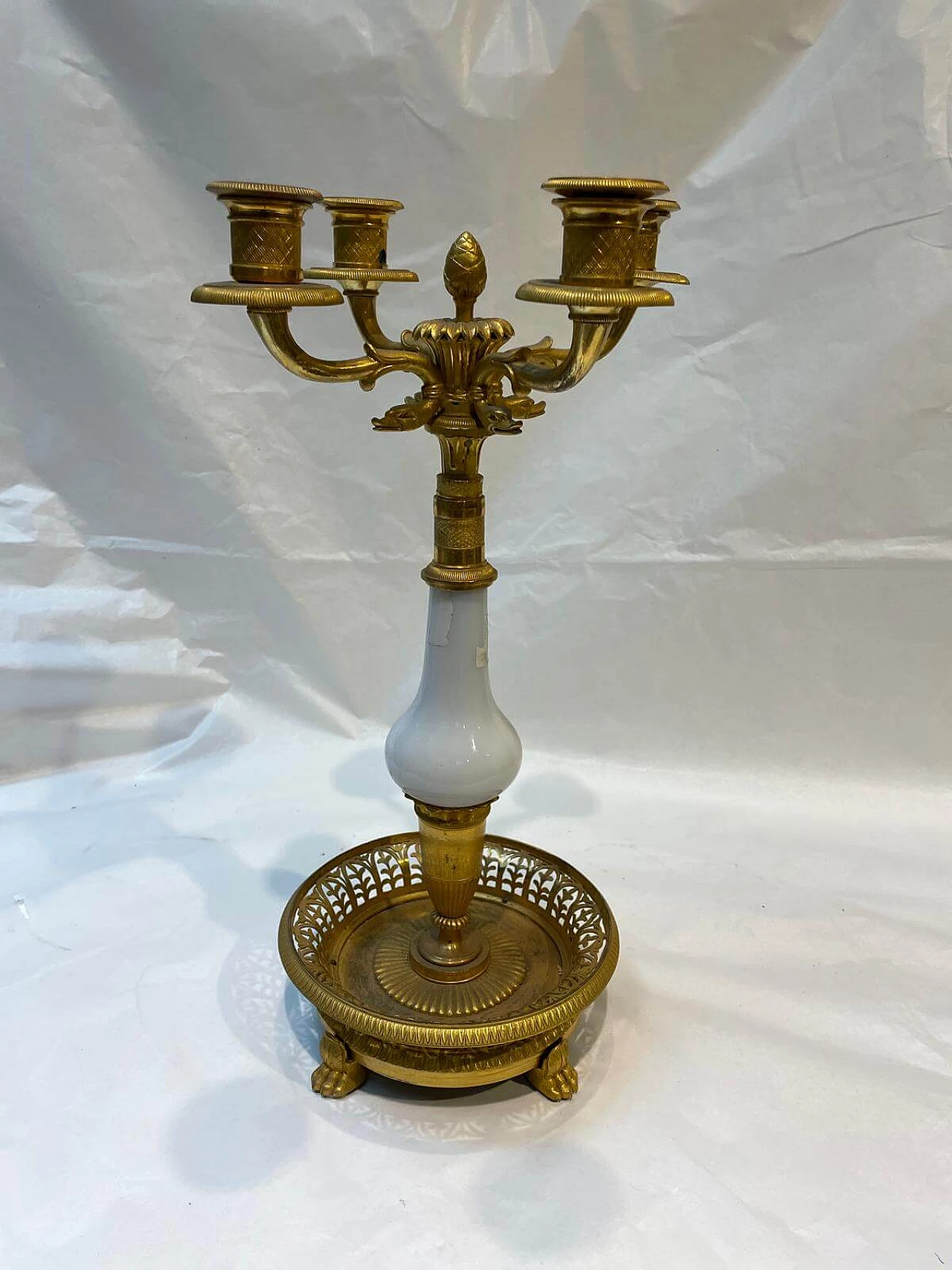 Gilded and chiseled bronze candelabra with white glass detail, 1860 8