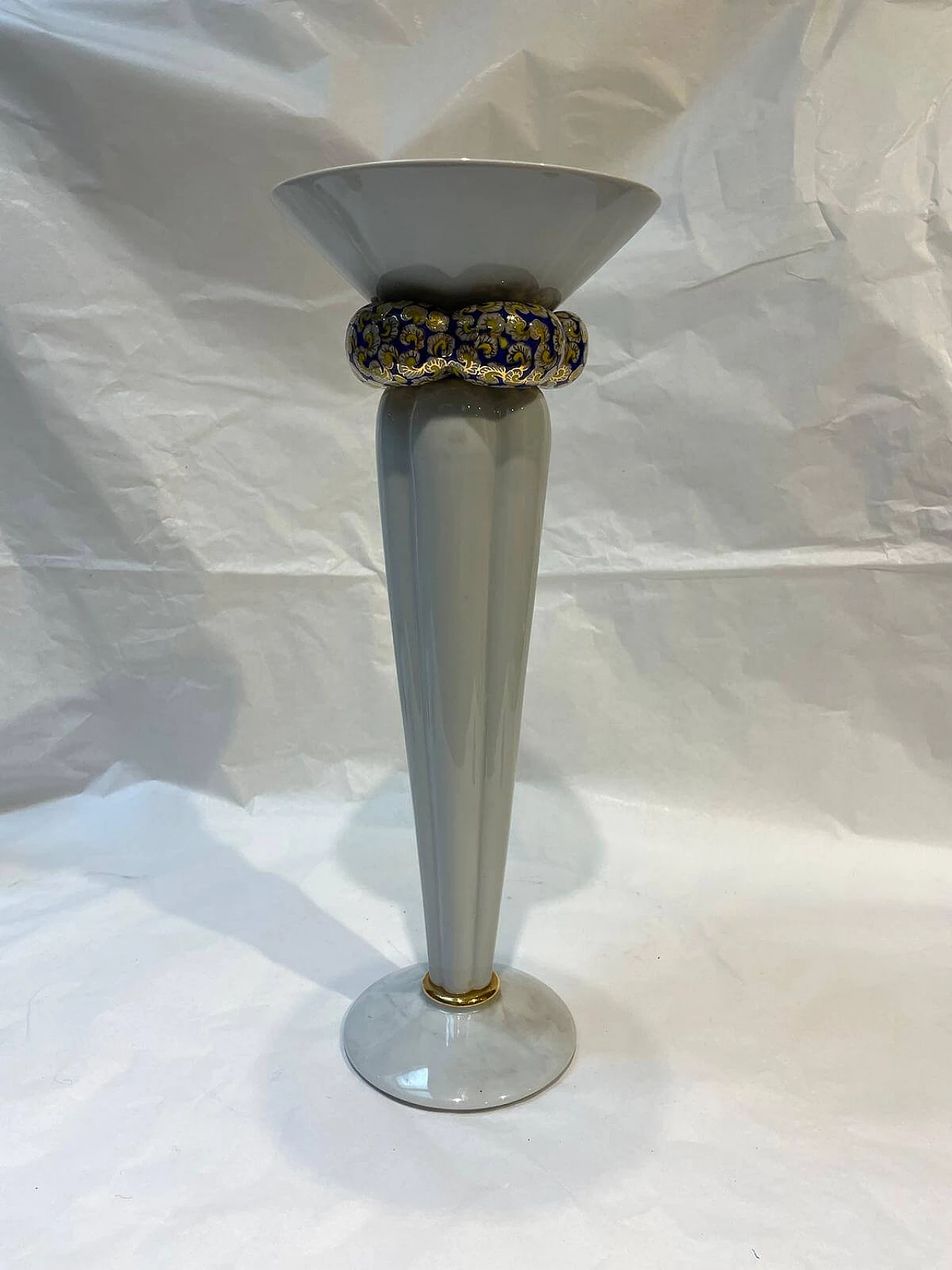Driade vase in white ceramic with blue and golden decoration, 1970s 6