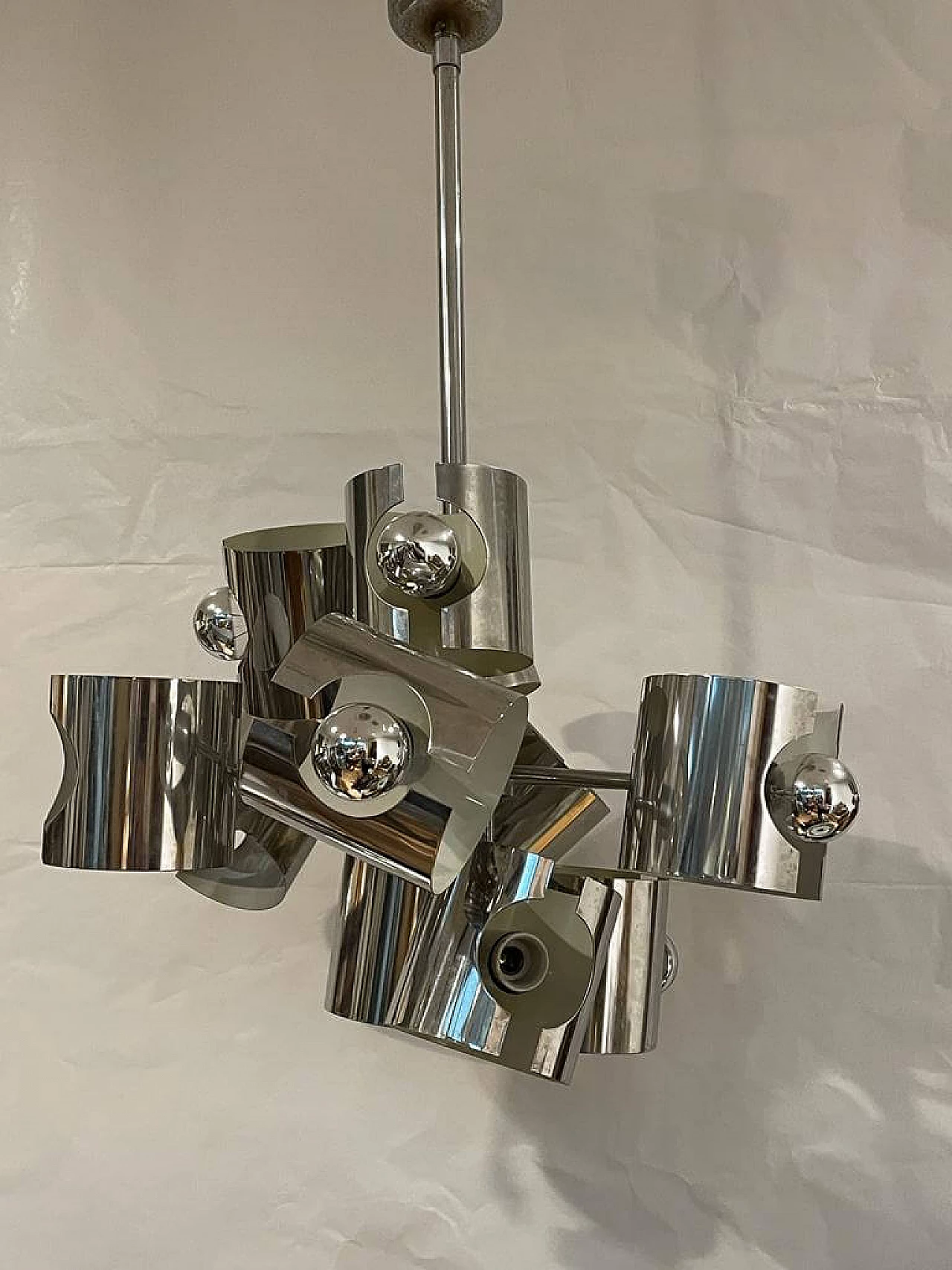 Lampadario in acciaio a dieci luci cilindriche, anni '70 10