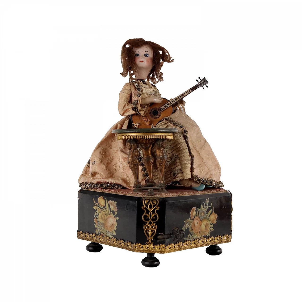 Wood, bronze, porcelain and fabric woman robot with guitar, 19th century 1