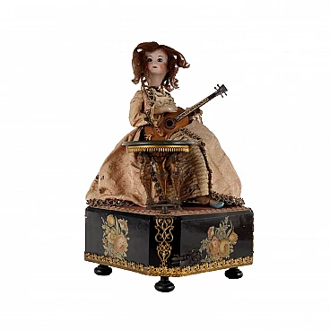 Automa di donna con chitarra in legno, bronzo, porcellana e tessuto, '800