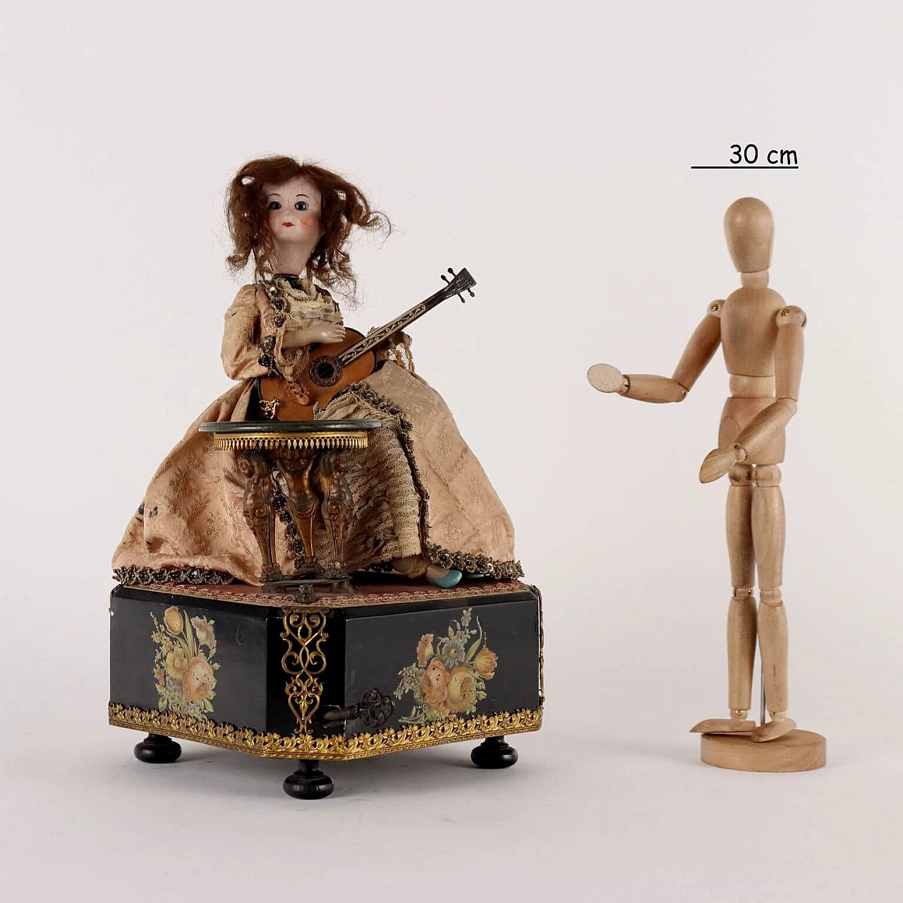 Wood, bronze, porcelain and fabric woman robot with guitar, 19th century 2