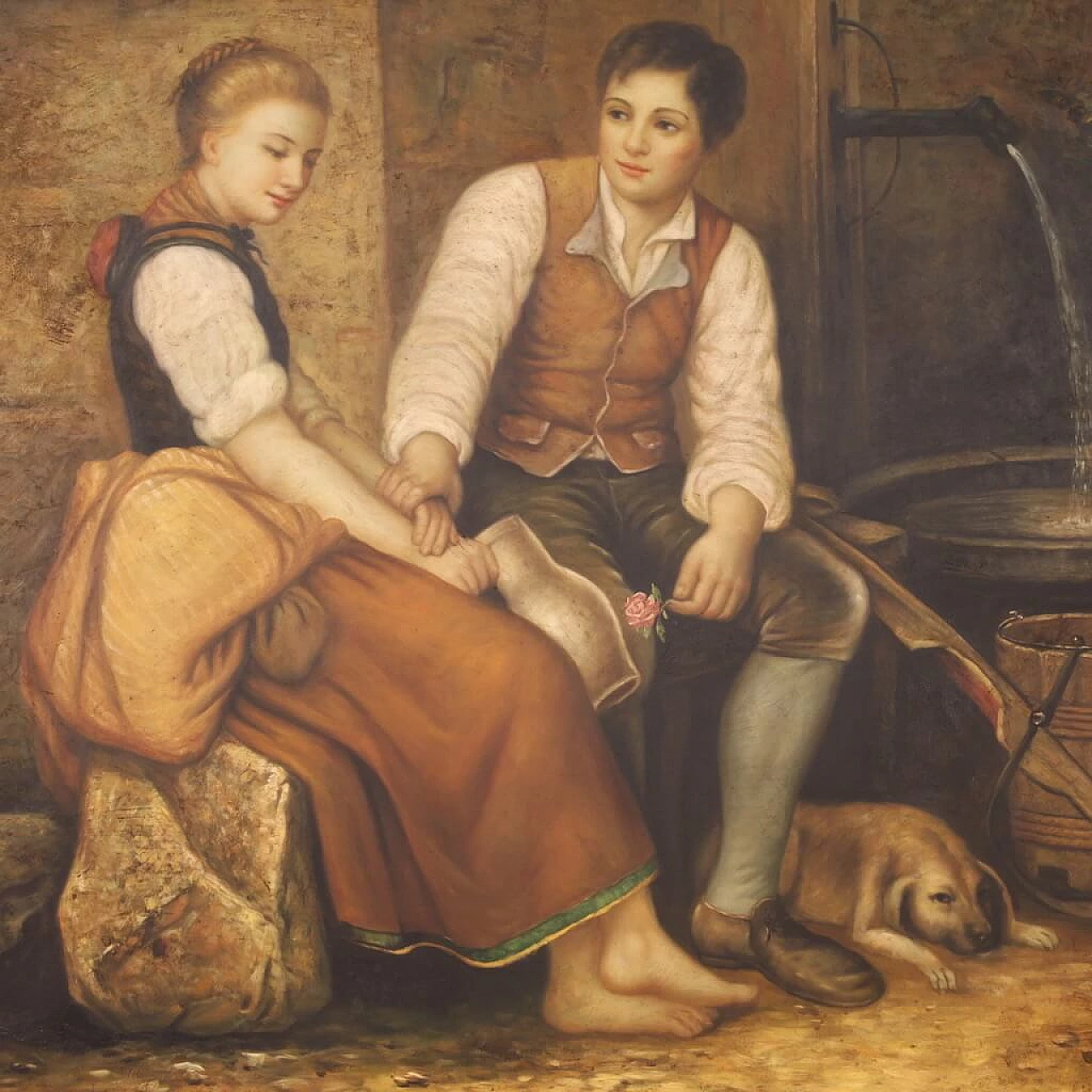 Innamorati alla fontana, acrilico su tela, anni '80 2