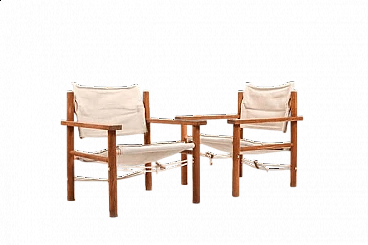 Pair of Safari oak and linen armchairs, 1960s
