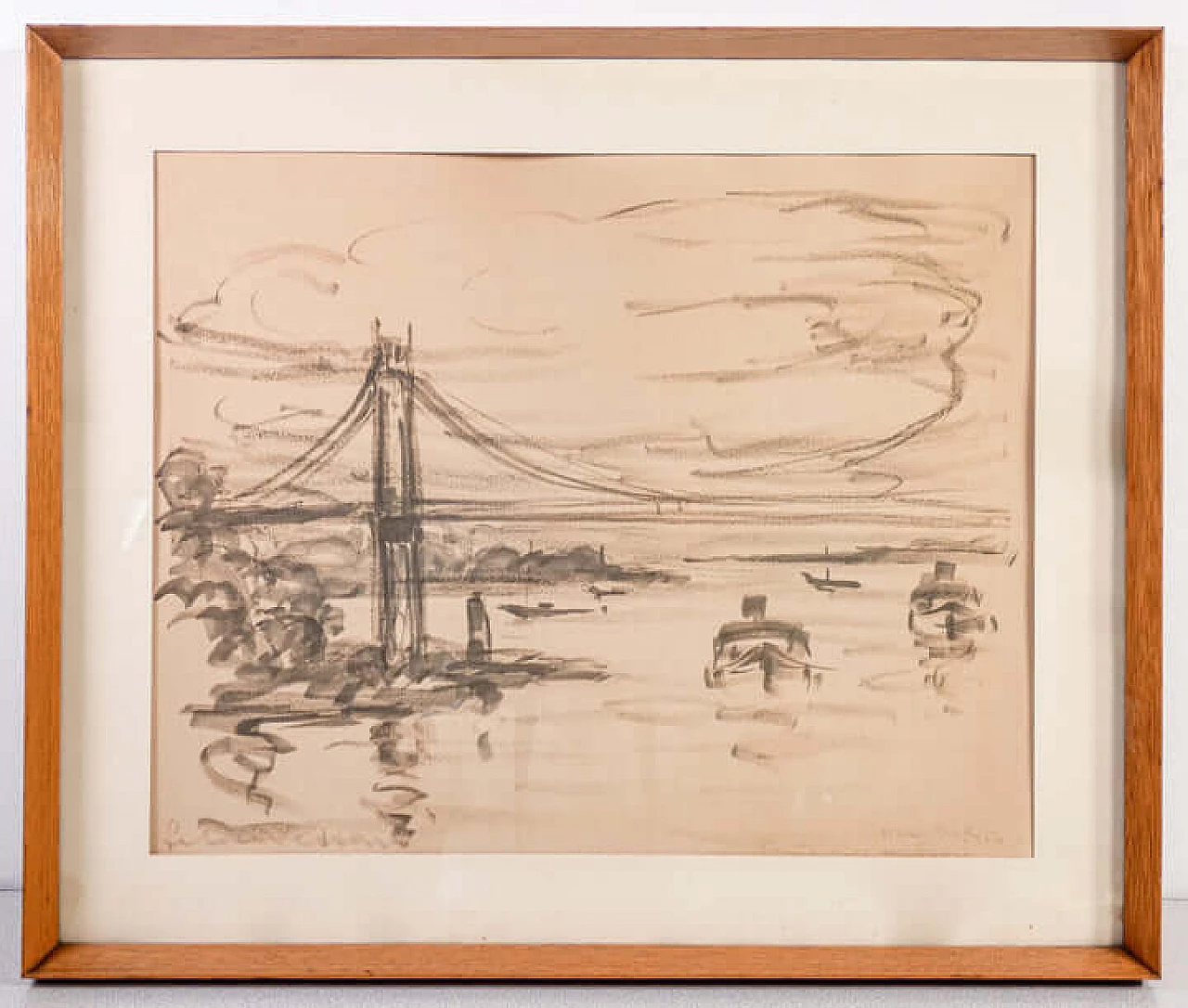 Felice Vellan, Ponte sull'Hudson, disegno a carboncino su carta, anni '60 1